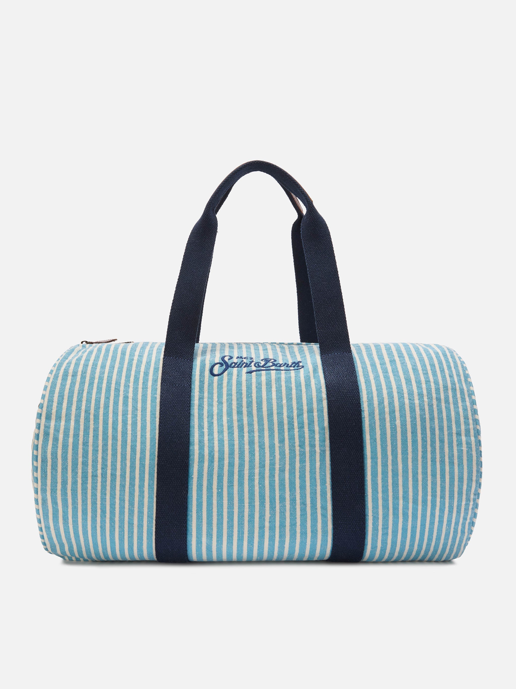 Round Jetleg Blue And White Striped Linen Weekender Light Bag