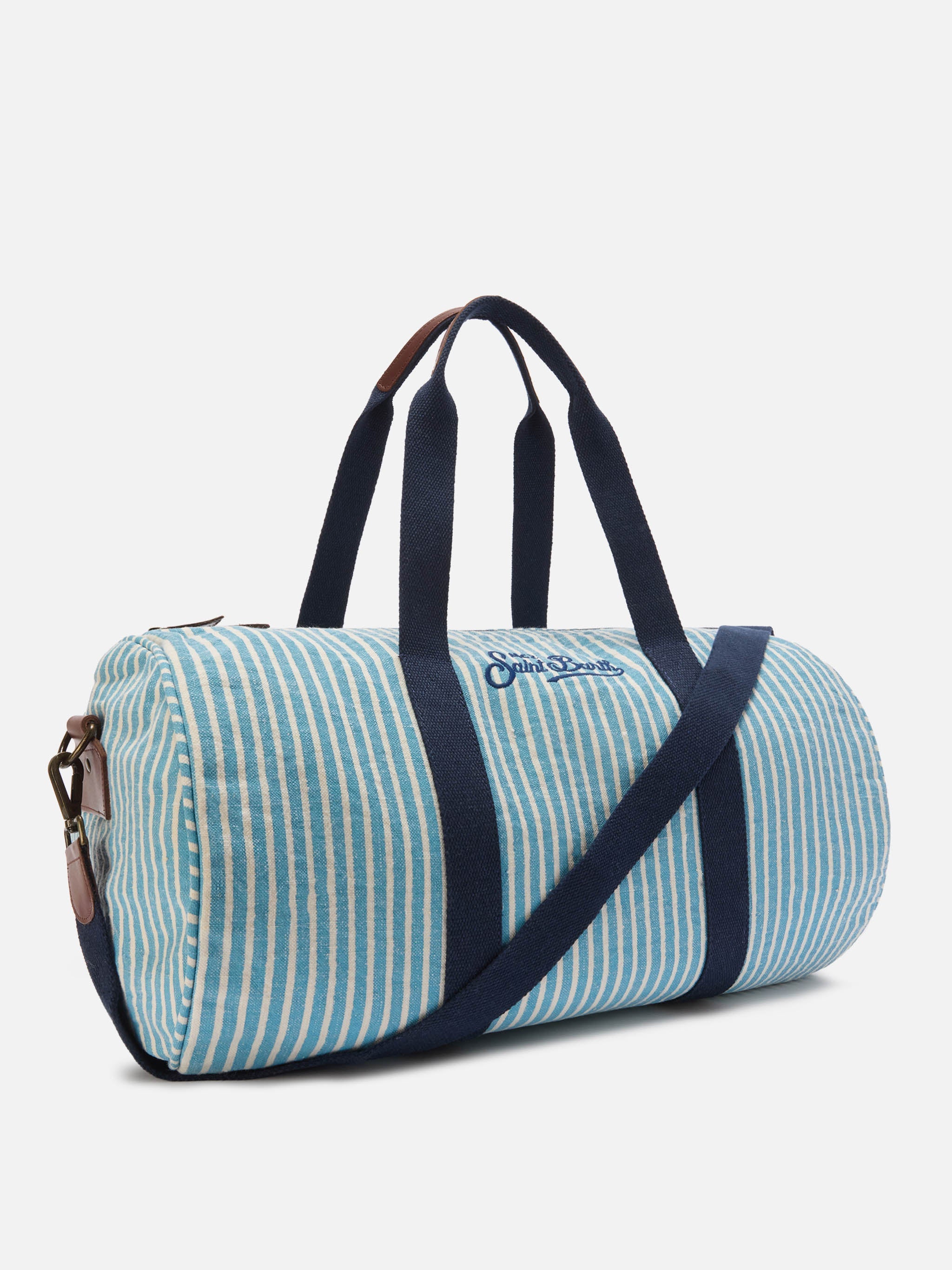 Round Jetleg Blue And White Striped Linen Weekender Light Bag
