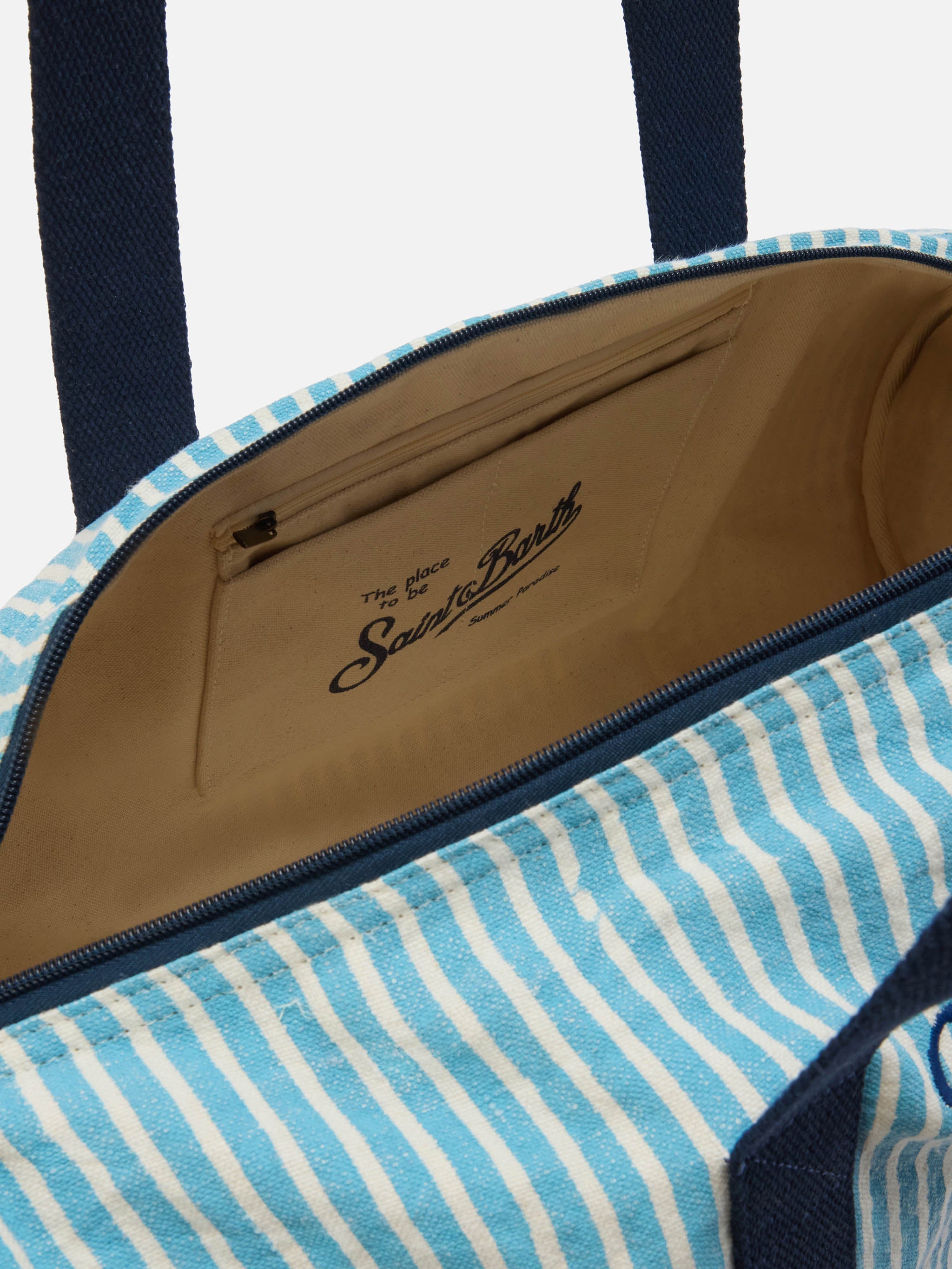 Round Jetleg Blue And White Striped Linen Weekender Light Bag