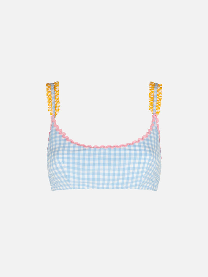 Judy Gingham Ruffled Bikini Top Light Blue And White