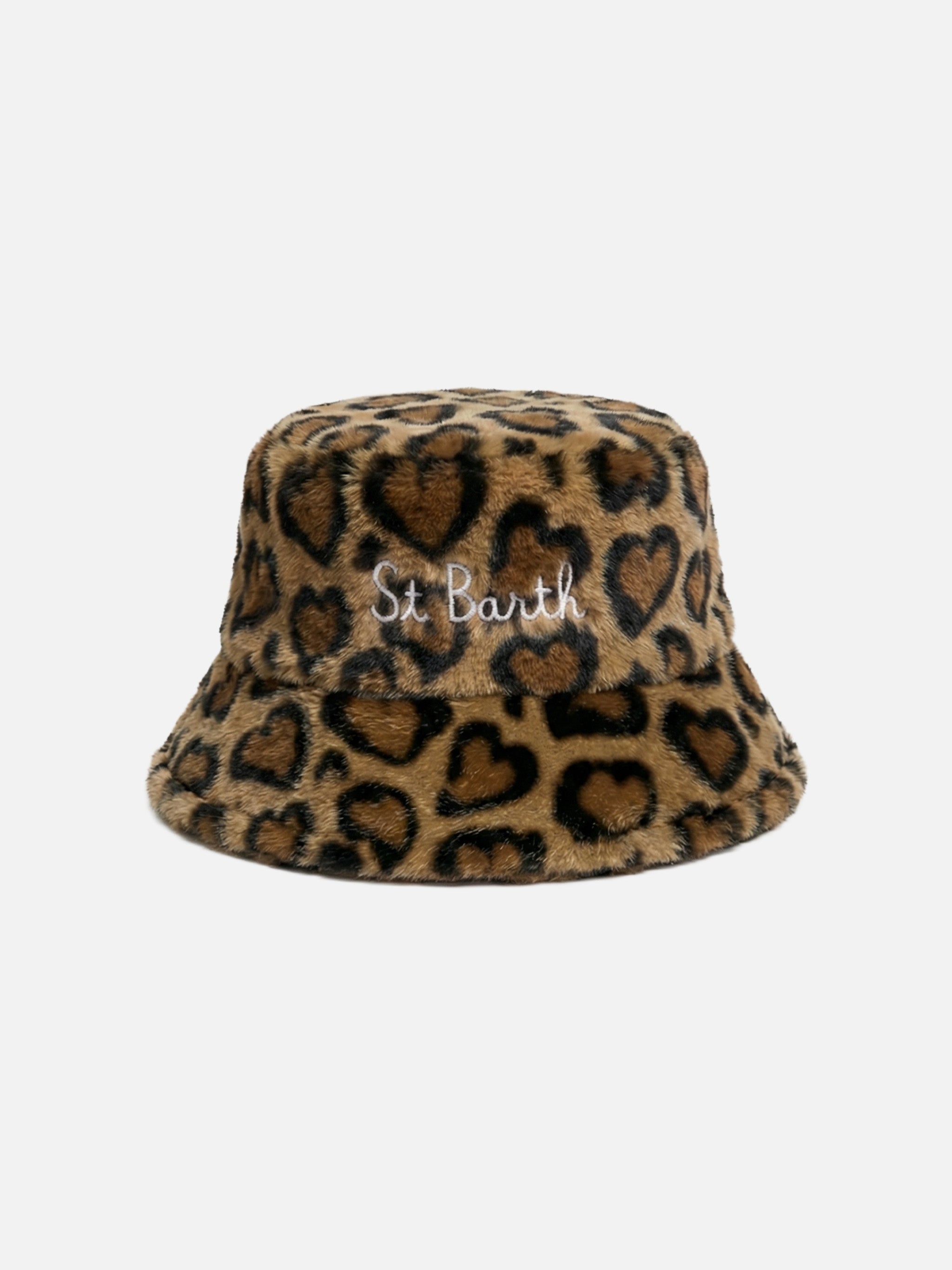 Faux Fur Bucket Hat With Animal Print Brown