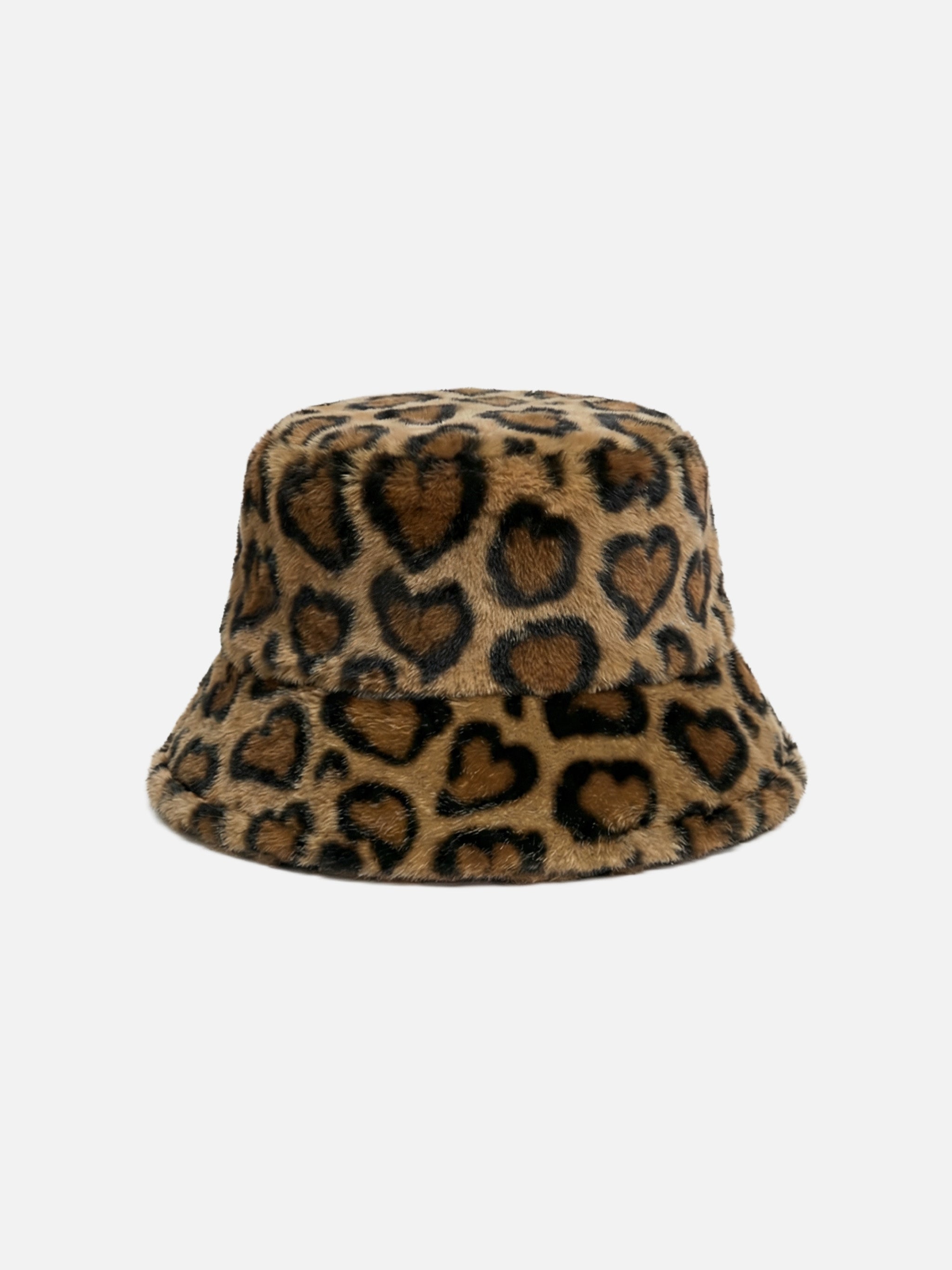 Faux Fur Bucket Hat With Animal Print Brown