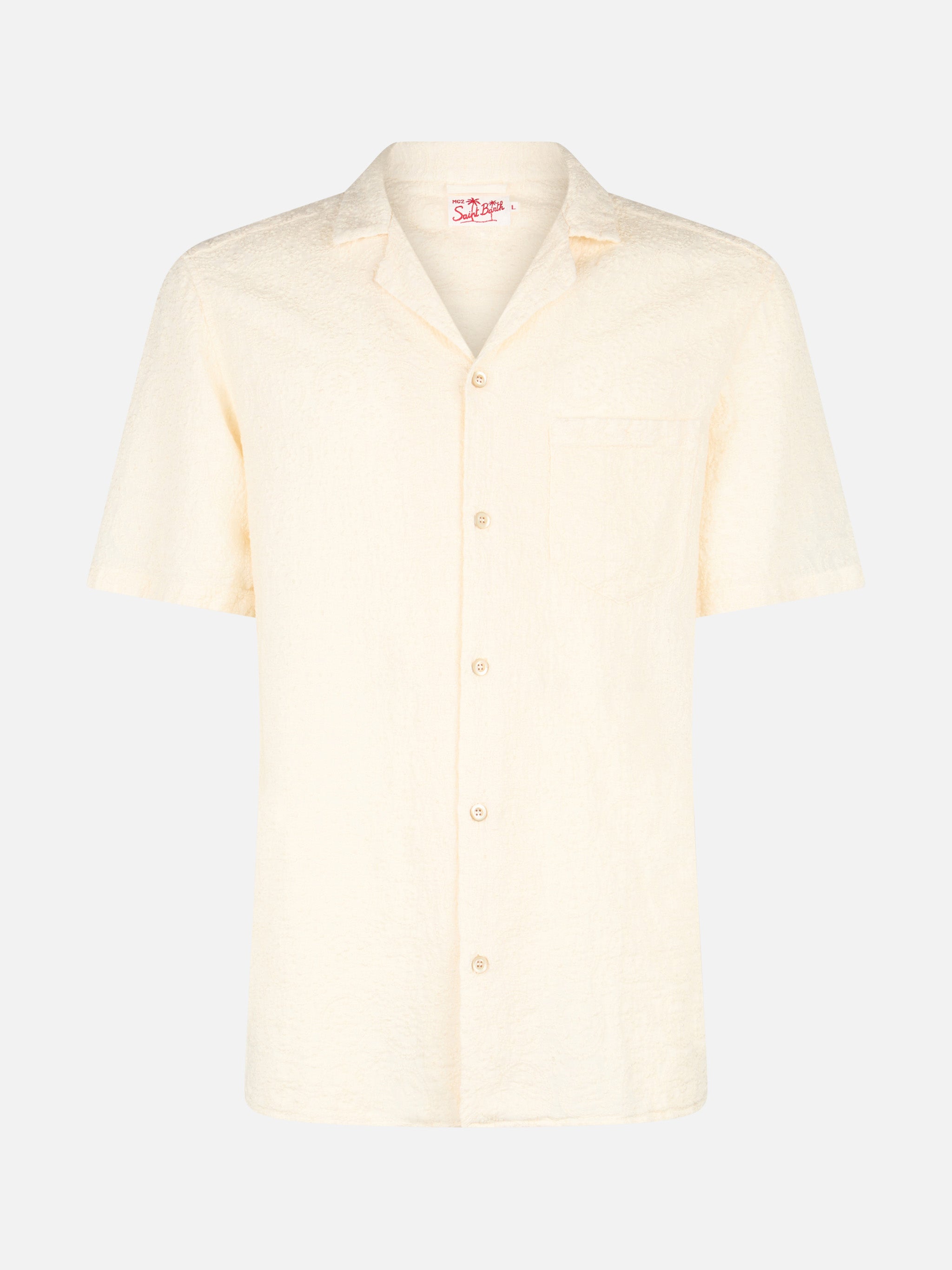Man Linen Shirt Kalea With Flower Embroidery White