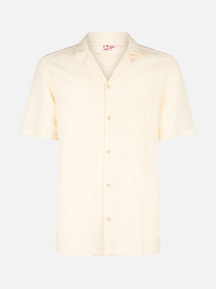 Man Linen Shirt Kalea With Flower Embroidery White
