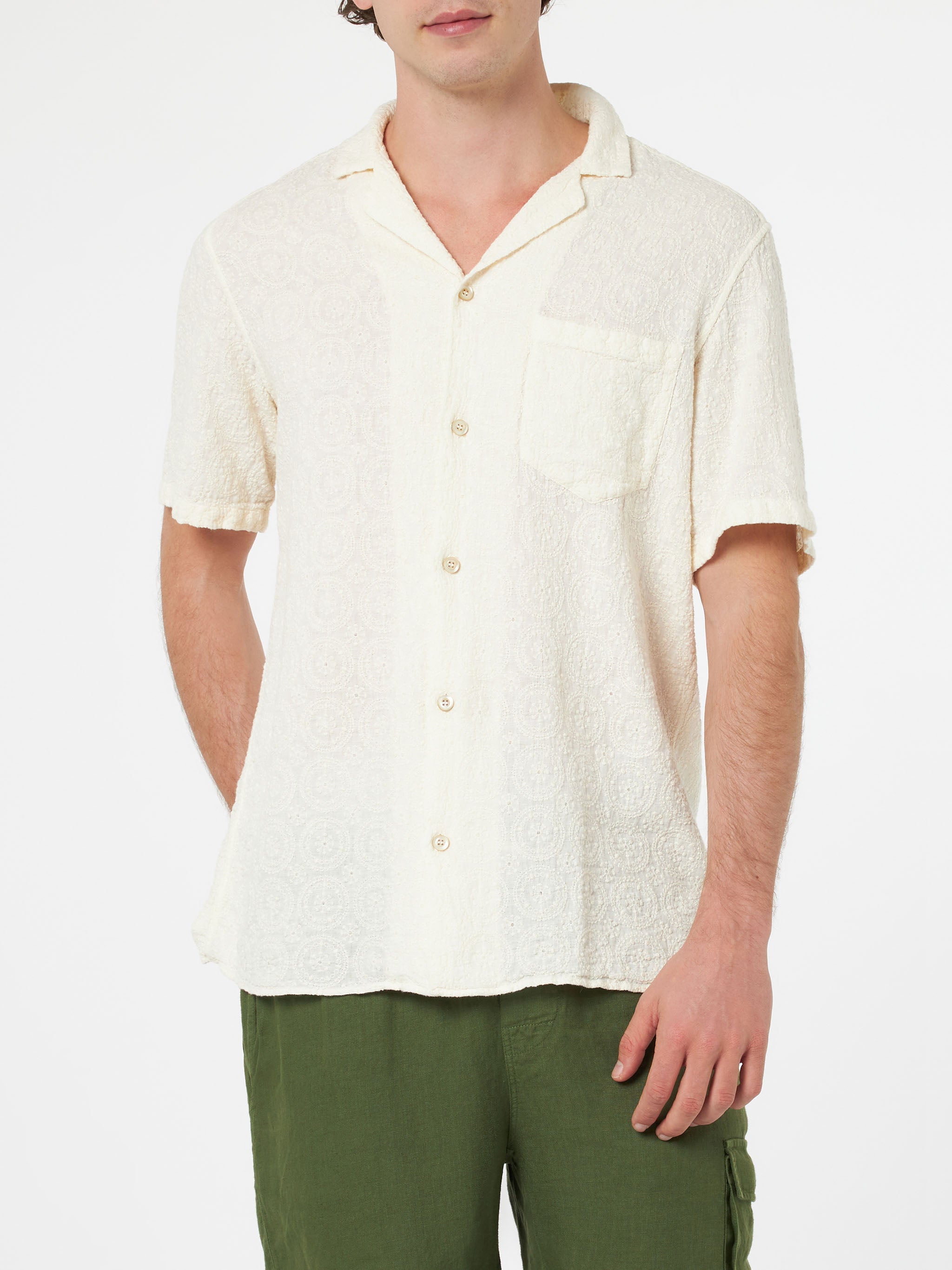 Man Linen Shirt Kalea With Flower Embroidery White