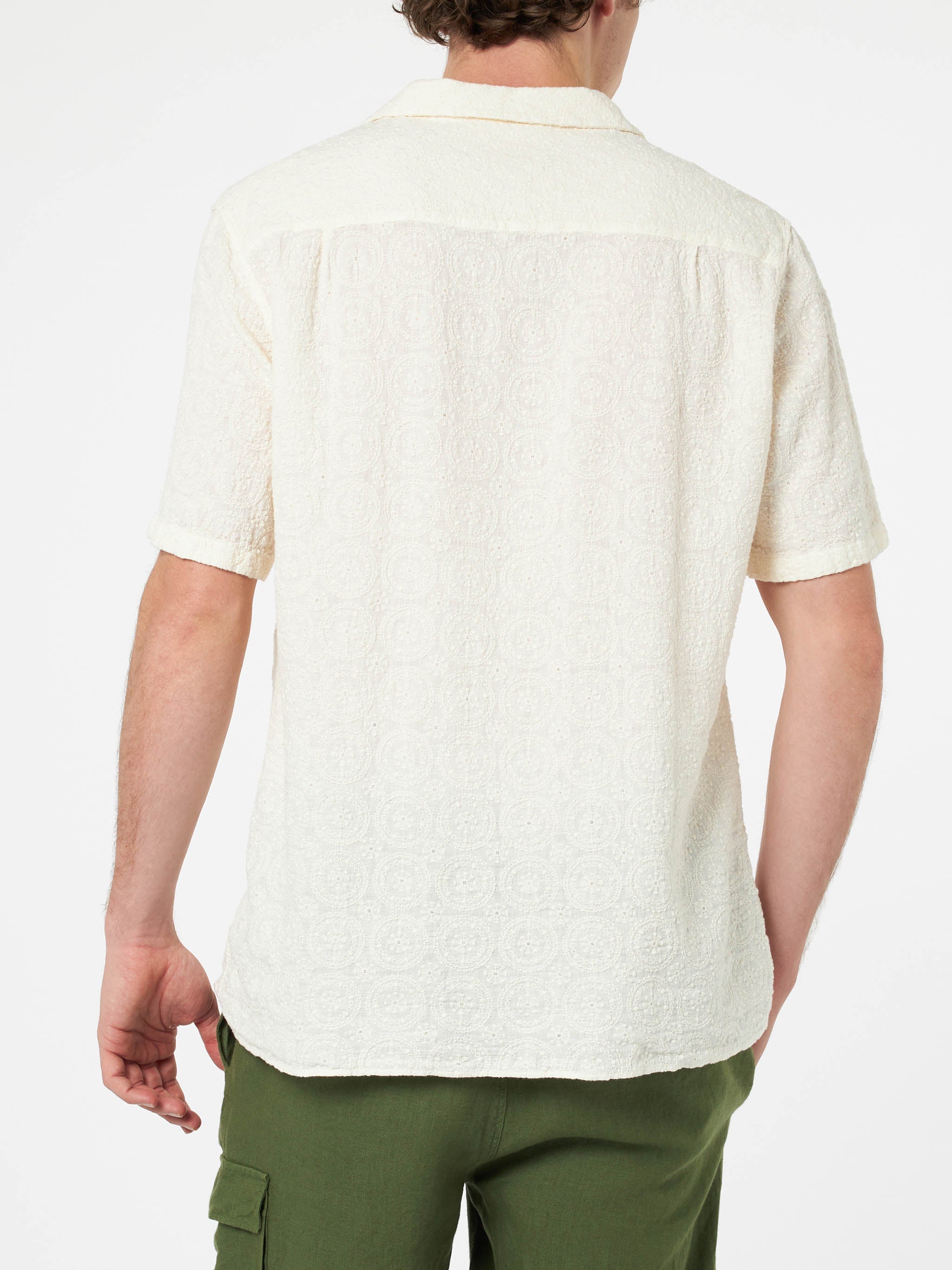 Man Linen Shirt Kalea With Flower Embroidery White