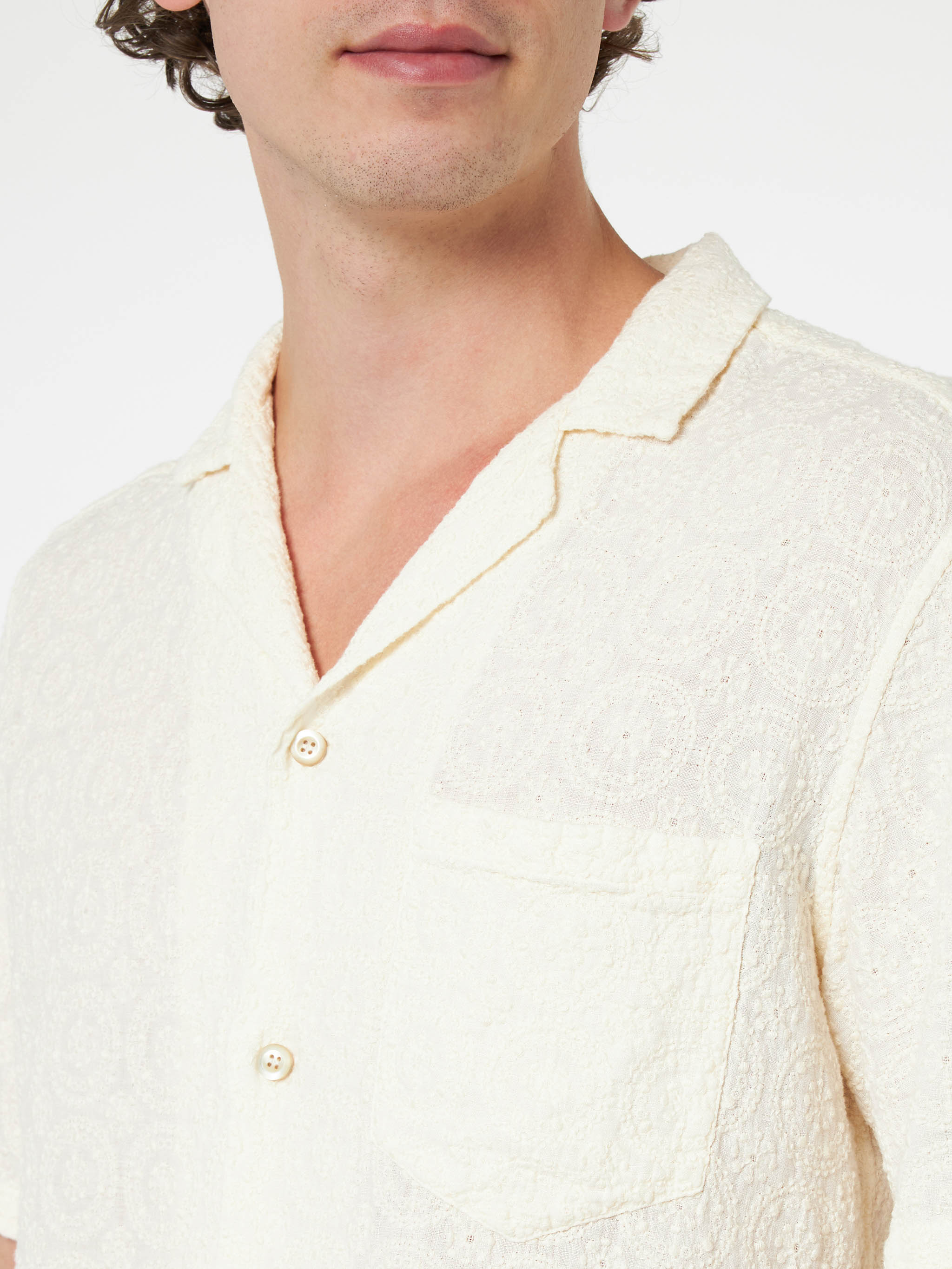 Man Linen Shirt Kalea With Flower Embroidery White