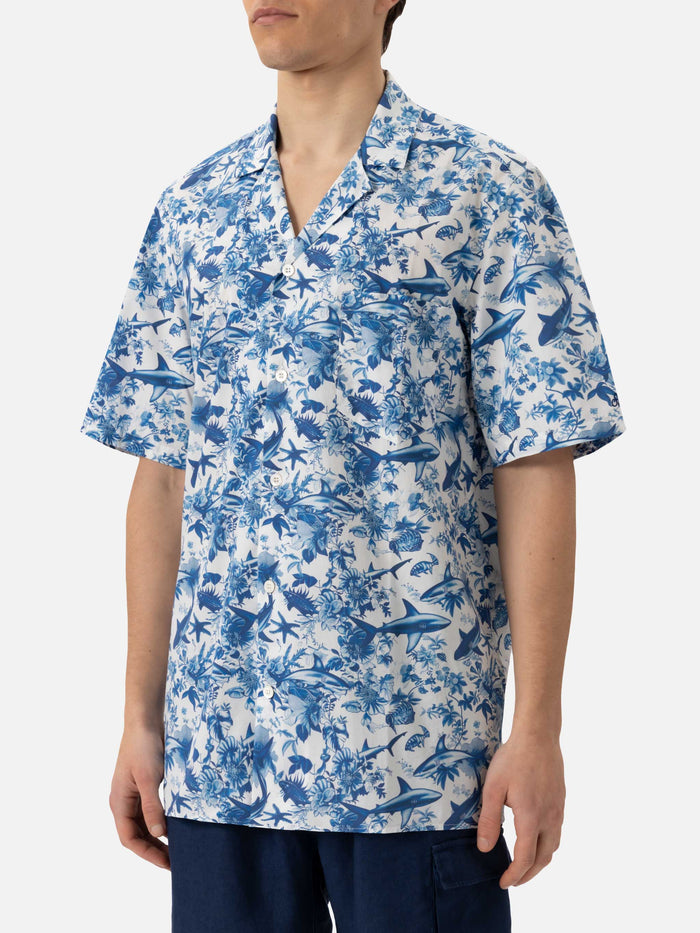 Kalea Cotton Shirt With Shark Print | Ai Co-Created Design By Rickdick - Powered Red-Eye White