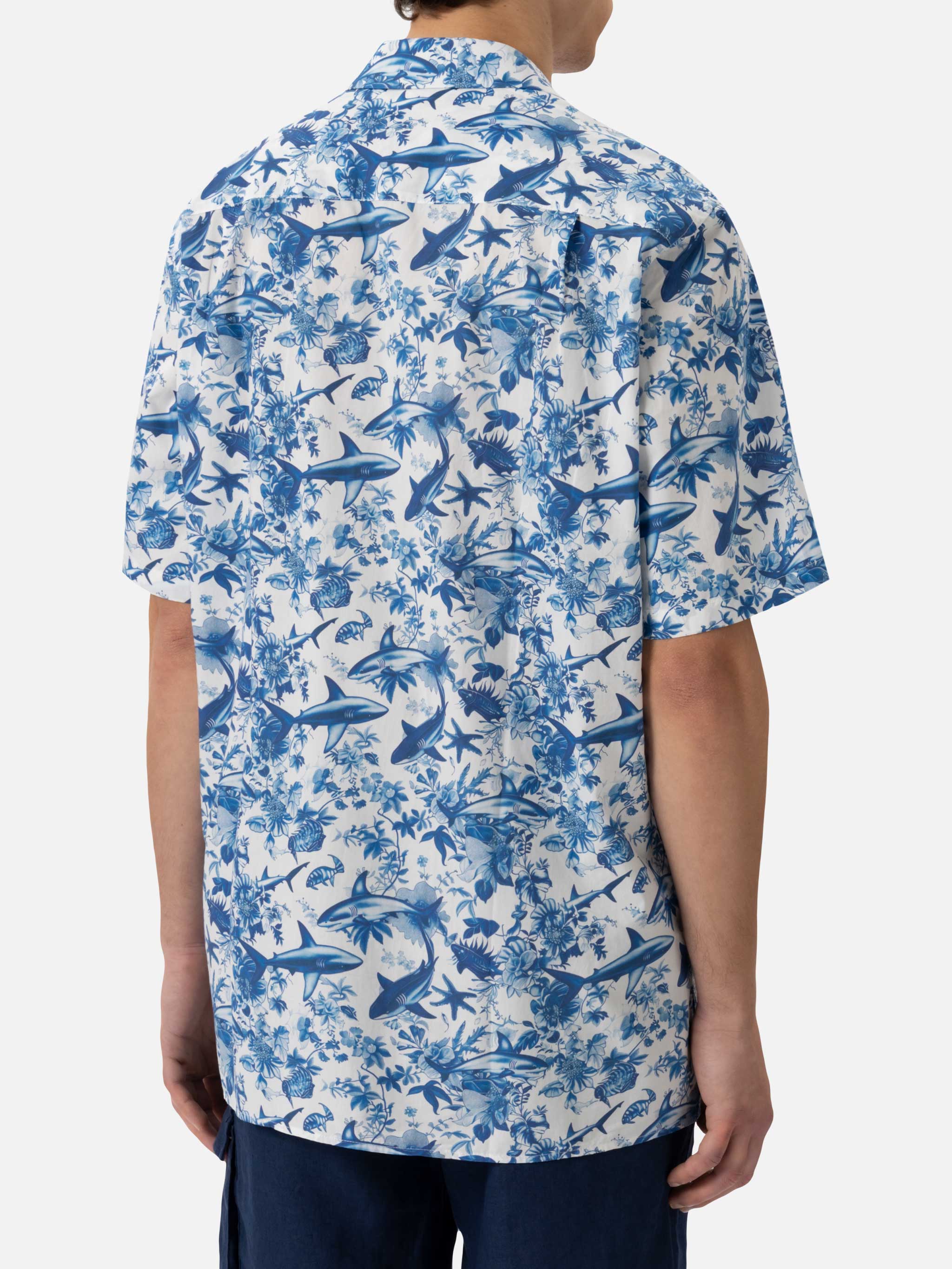 Kalea Cotton Shirt With Shark Print | Ai Co-Created Design By Rickdick - Powered Red-Eye White