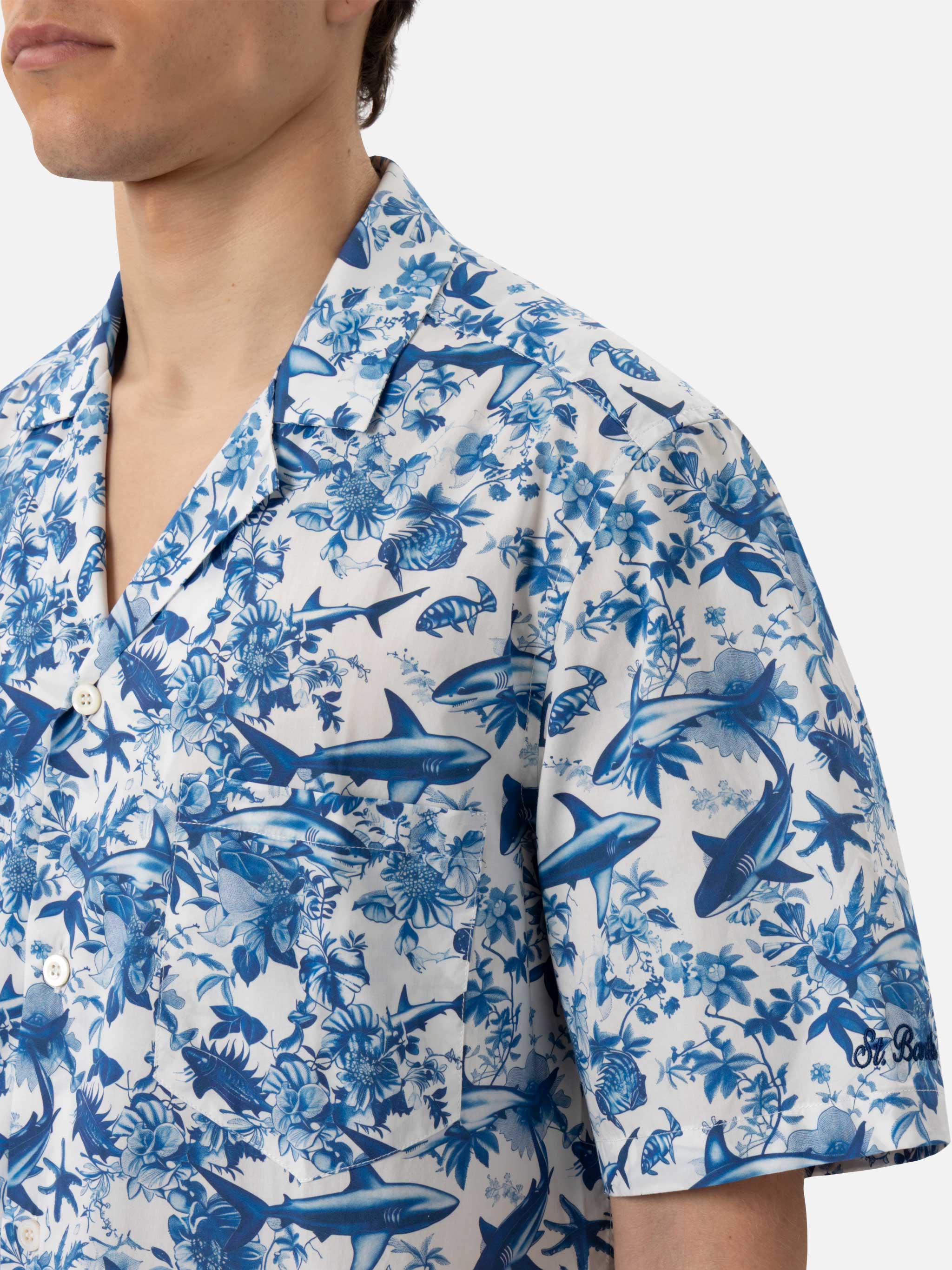 Kalea Cotton Shirt With Shark Print | Ai Co-Created Design By Rickdick - Powered Red-Eye White