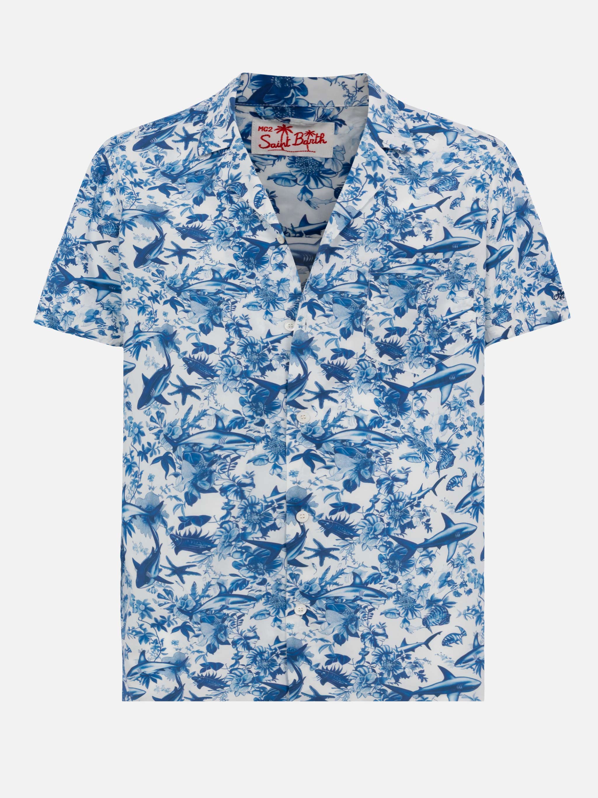 Kalea Cotton Shirt With Shark Print | Ai Co-Created Design By Rickdick - Powered Red-Eye White