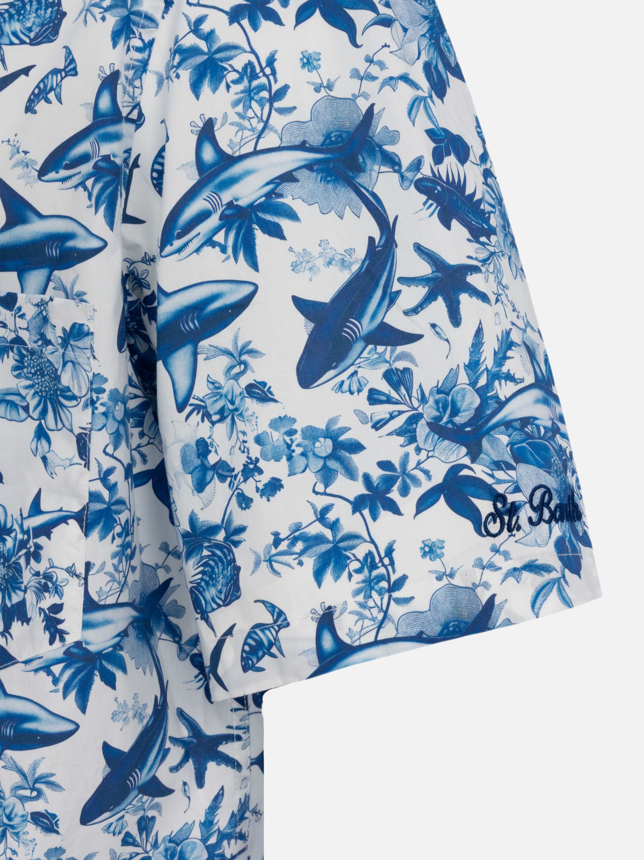 Kalea Cotton Shirt With Shark Print | Ai Co-Created Design By Rickdick - Powered Red-Eye White