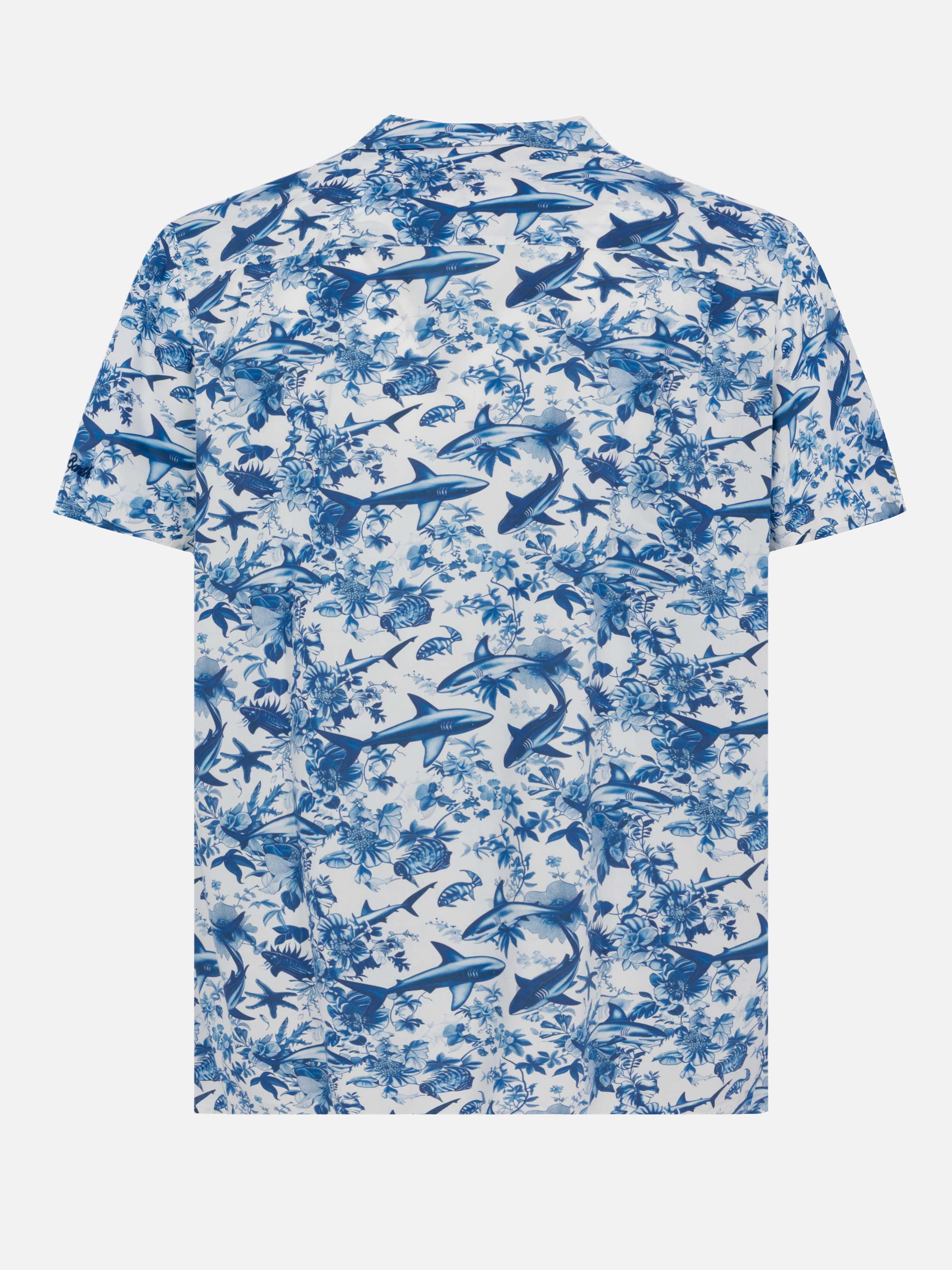 Kalea Cotton Shirt With Shark Print | Ai Co-Created Design By Rickdick - Powered Red-Eye White