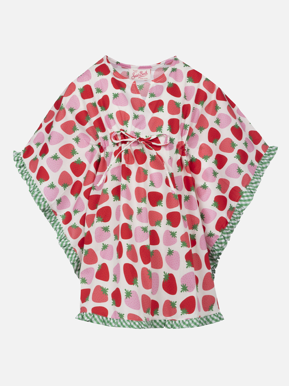 Girl Ruffled Cotton Caftan With Strawberry Print White Beach Robe