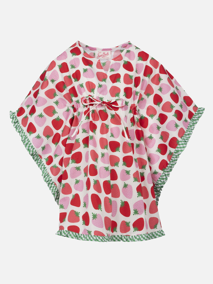 Girl Ruffled Cotton Caftan With Strawberry Print White Beach Robe