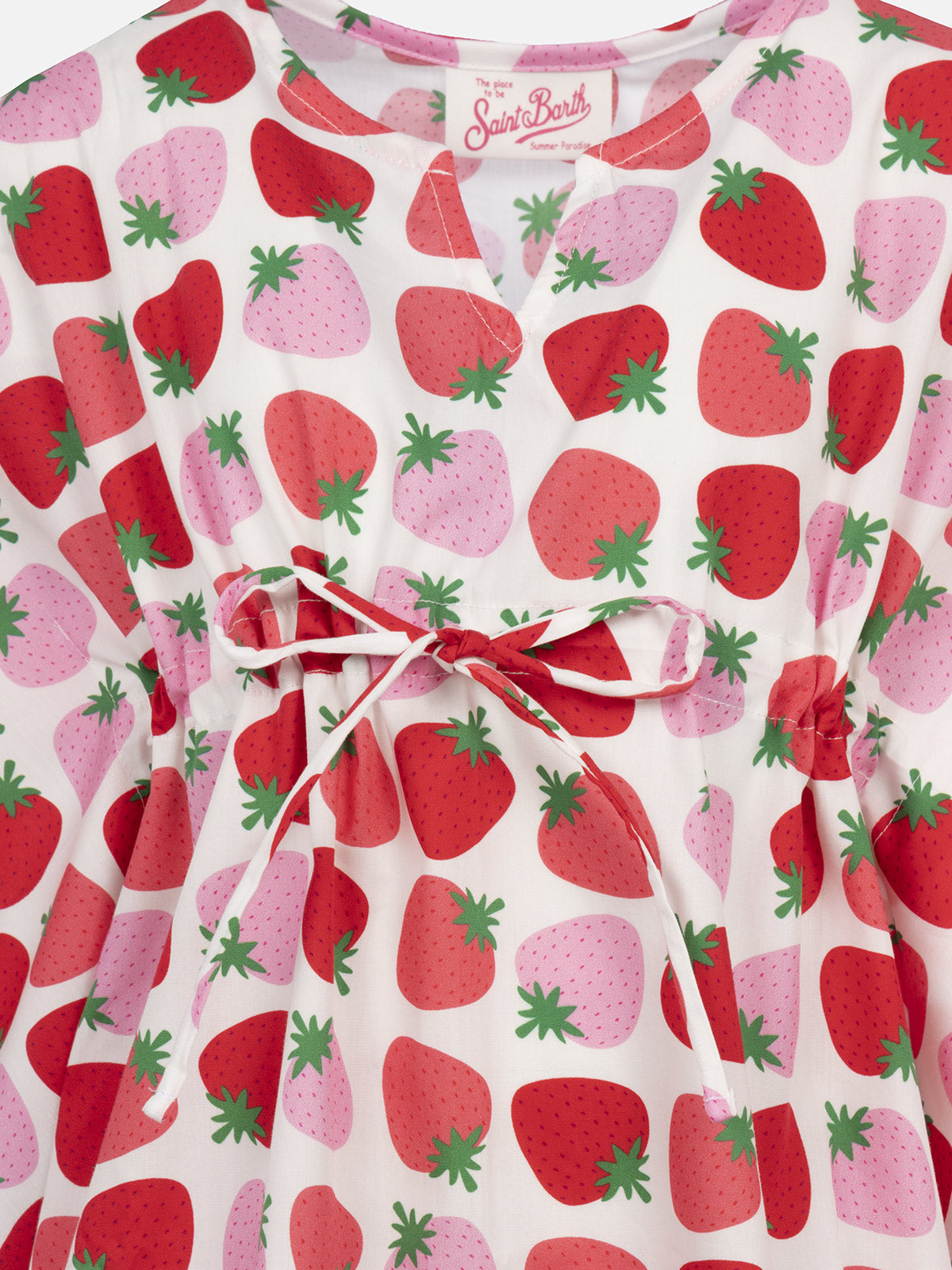 Girl Ruffled Cotton Caftan With Strawberry Print White Beach Robe