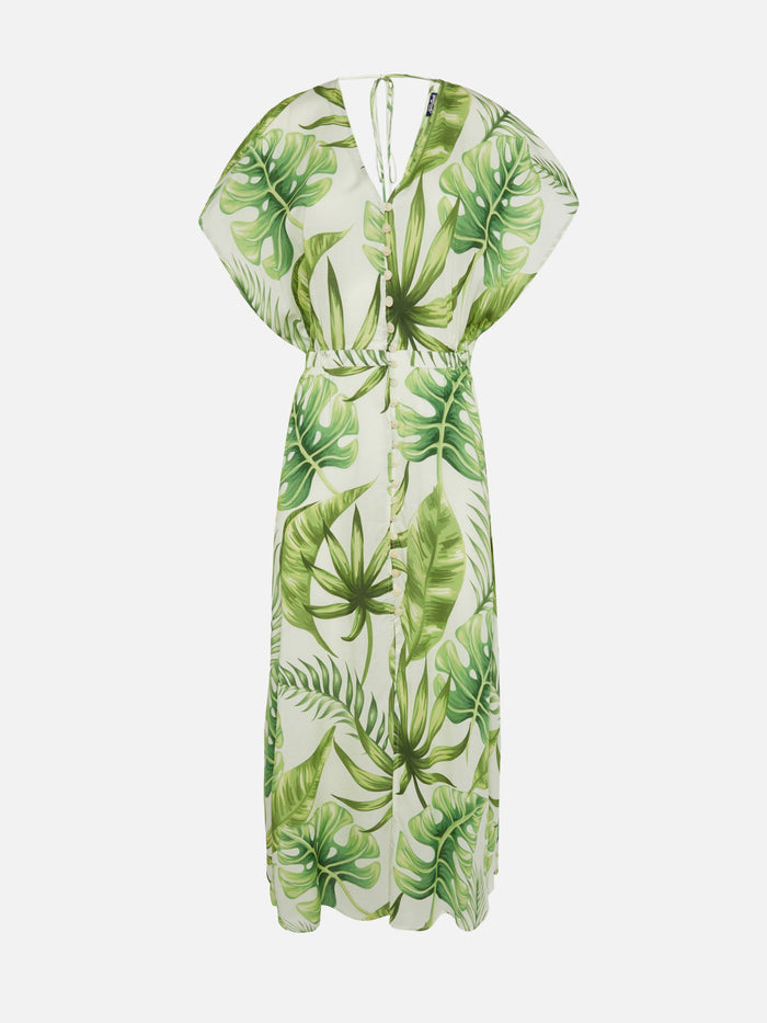 Tropical Leaves Print Long Dress White