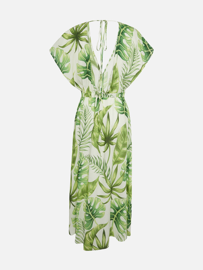 Tropical Leaves Print Long Dress White