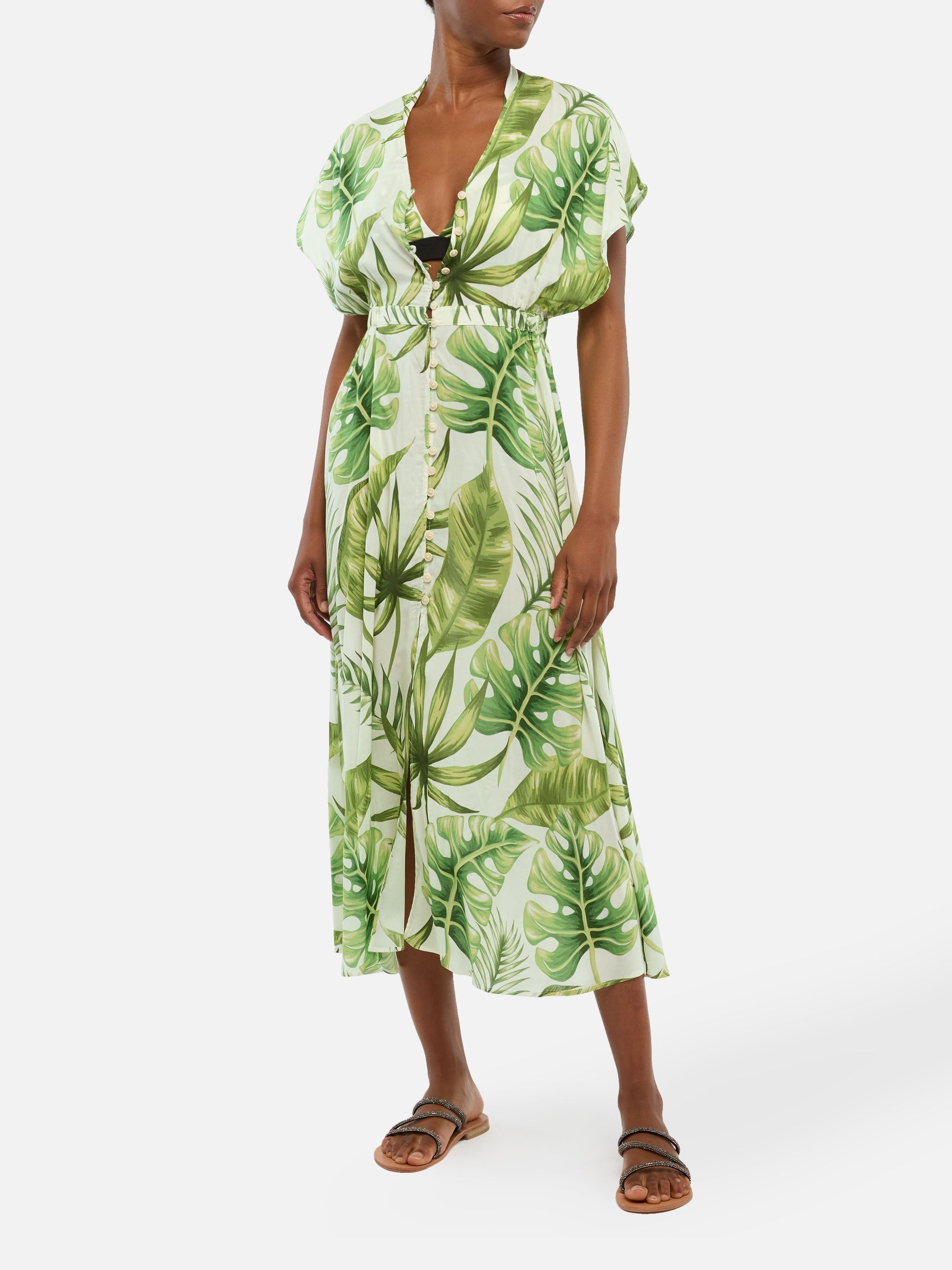 Tropical Leaves Print Long Dress White