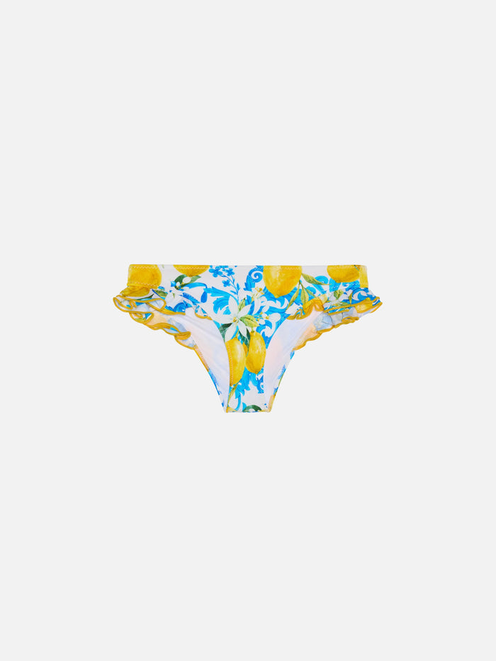 Girl Ruffled Swim Briefs With Baroque Print White Bottom