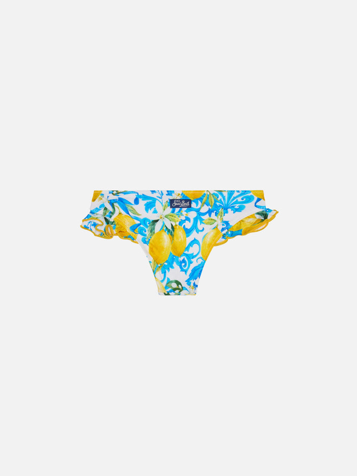 Girl Ruffled Swim Briefs With Baroque Print White Bottom