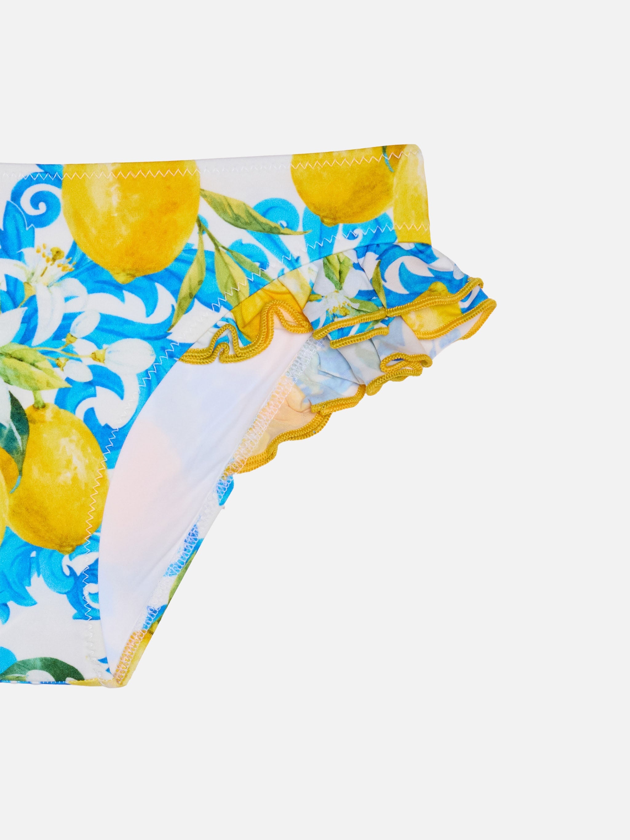 Girl Ruffled Swim Briefs With Baroque Print White Bottom
