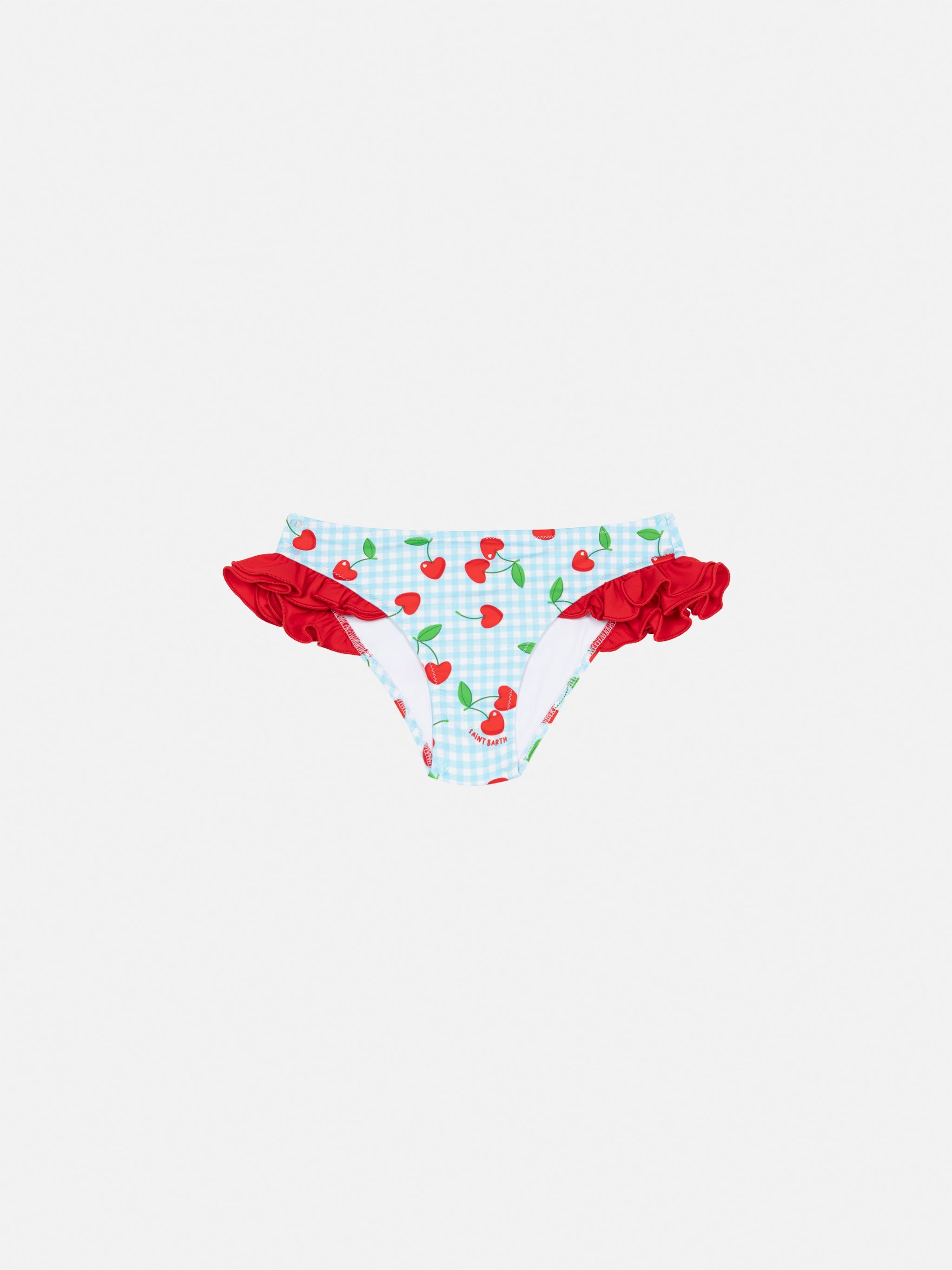 Kelly Ruffled Swim Briefs With Cherry And Gingham Print Sky Bottom