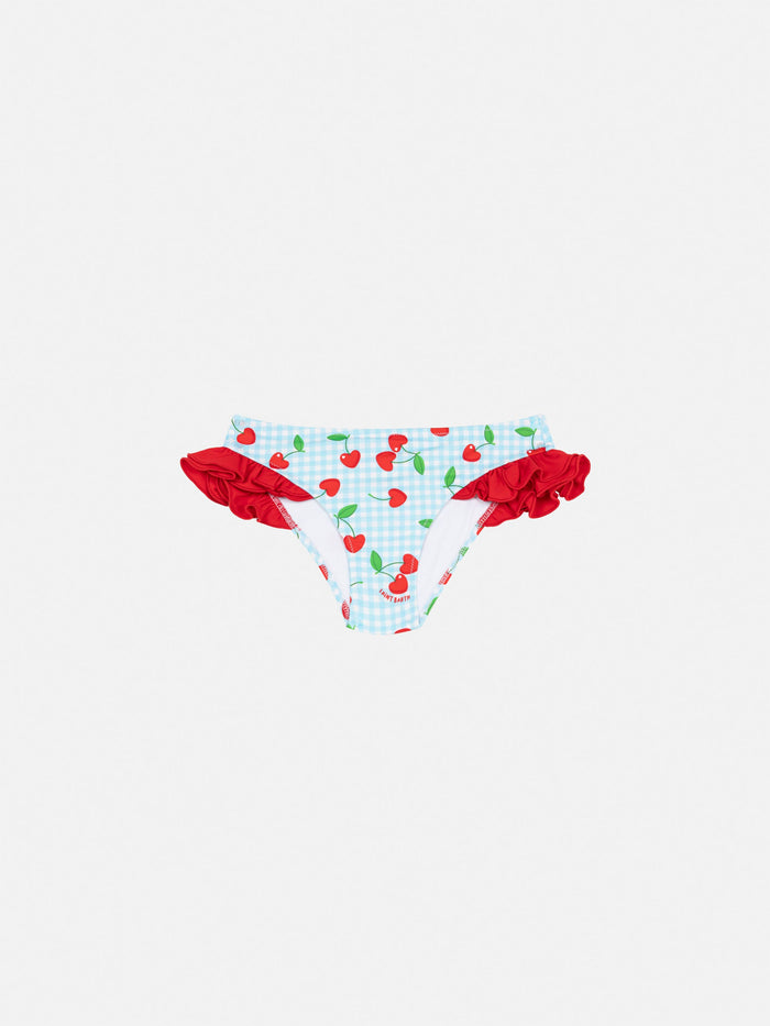 Kelly Ruffled Swim Briefs With Cherry And Gingham Print Sky Bottom