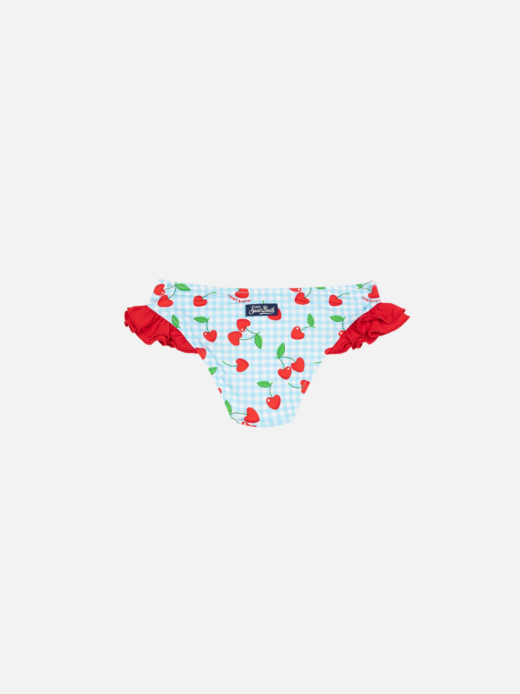 Kelly Ruffled Swim Briefs With Cherry And Gingham Print Sky Bottom
