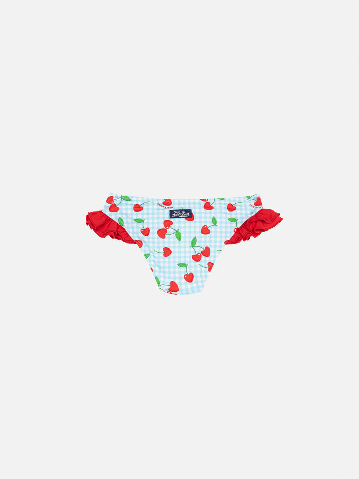 Kelly Ruffled Swim Briefs With Cherry And Gingham Print Sky Bottom