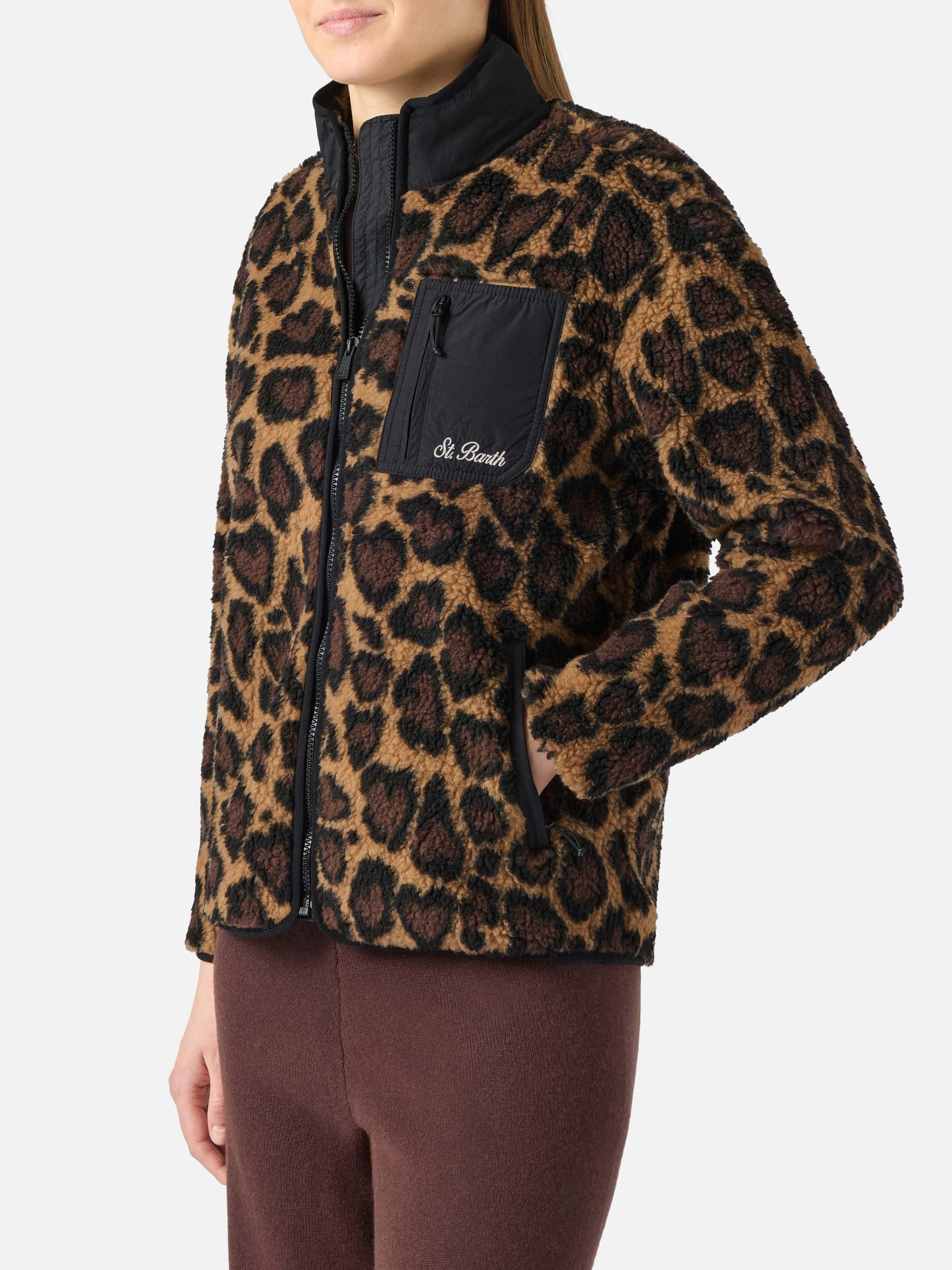 Teddy-Fleece Jacket Keystone With Leopard Print Brown