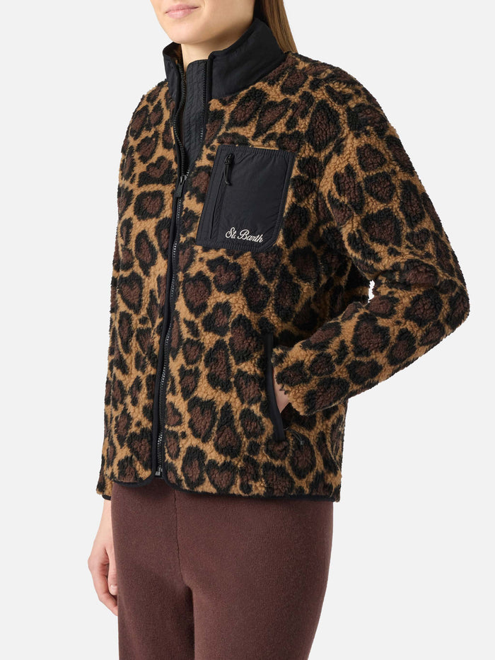 Teddy-Fleece Jacket Keystone With Leopard Print Brown