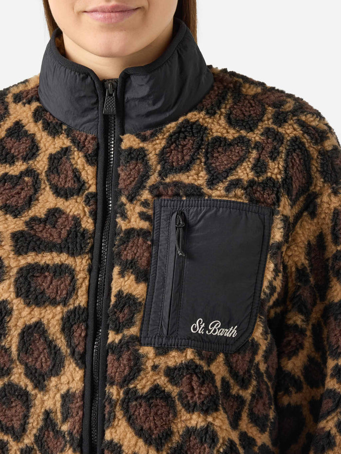 Teddy-Fleece Jacket Keystone With Leopard Print Brown