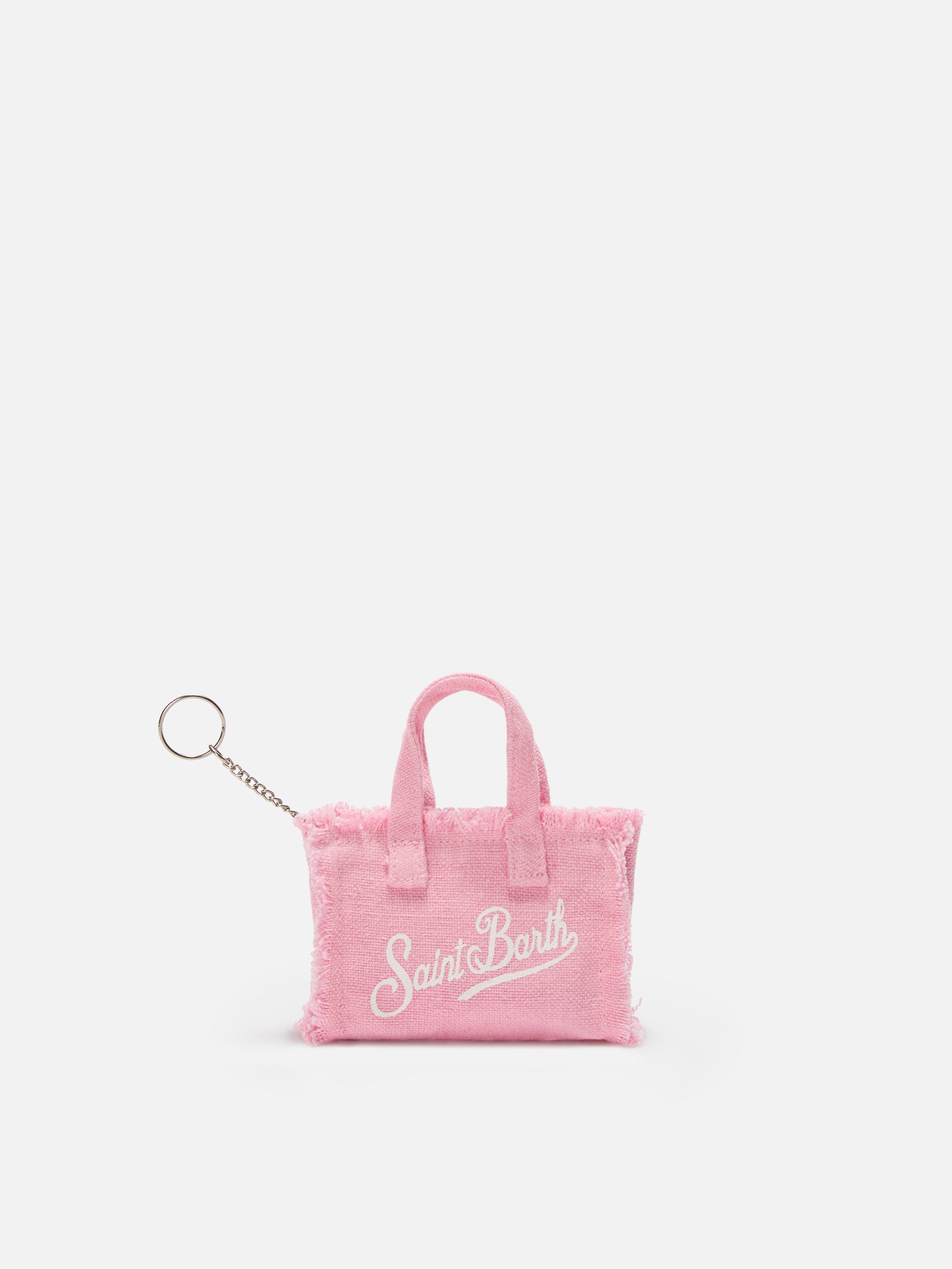 Pink Linen Mini Bag–shaped Keychain With Printed Logo Small Accessories