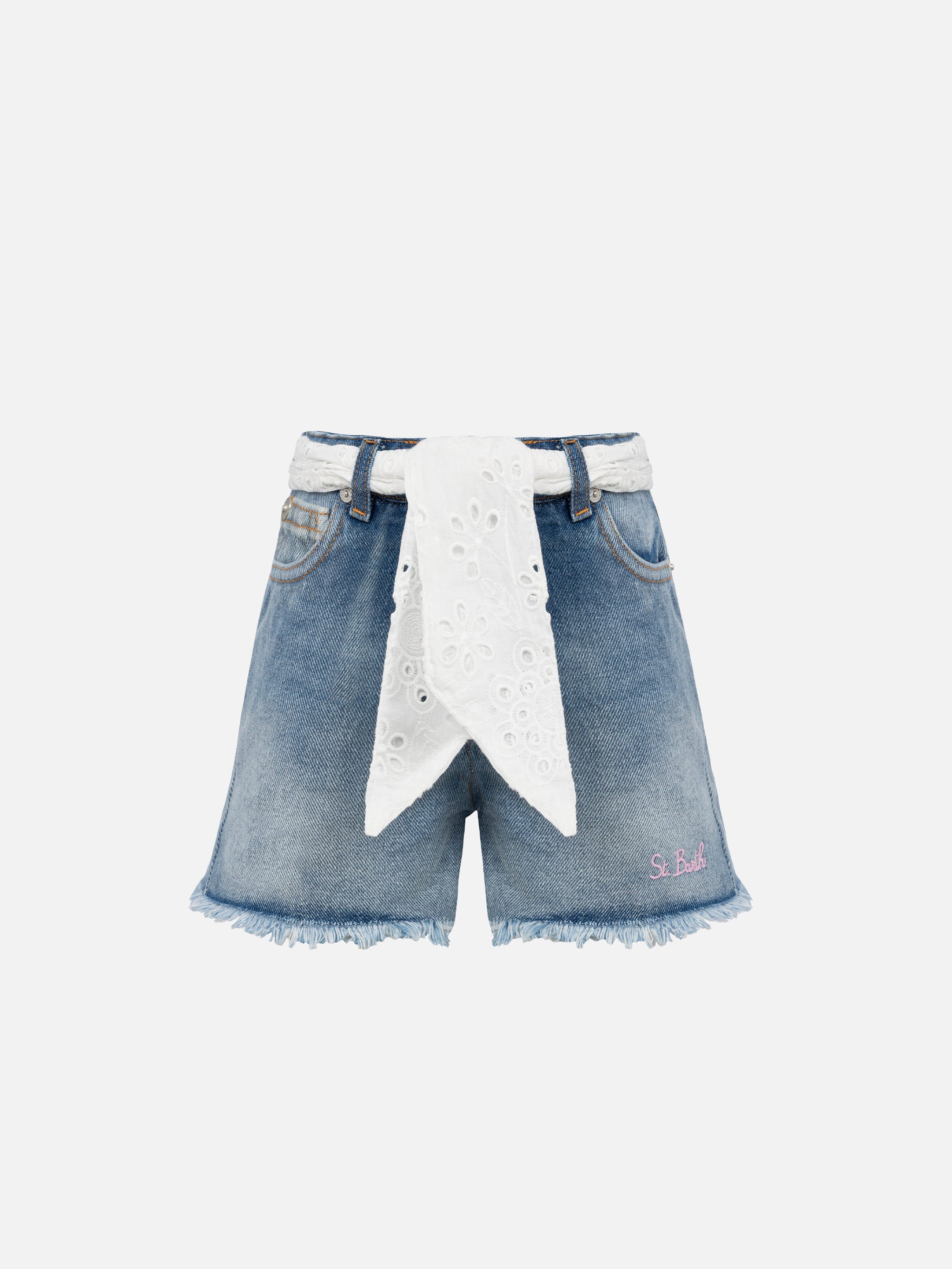 Kiko Jr Denim Shorts With Sangallo Lace And Embroidered Details Blue Pant