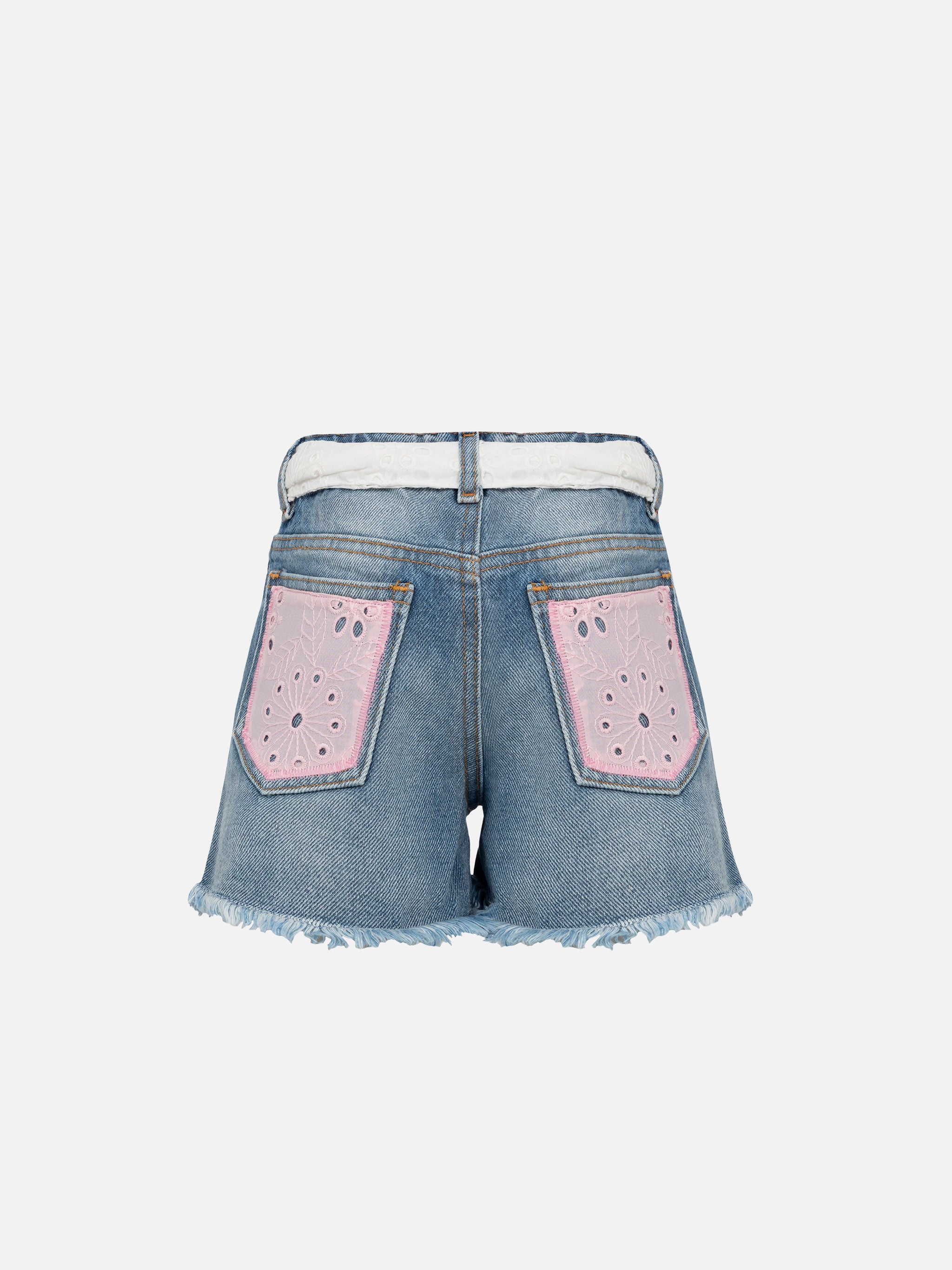 Kiko Jr Denim Shorts With Sangallo Lace And Embroidered Details Blue Pant