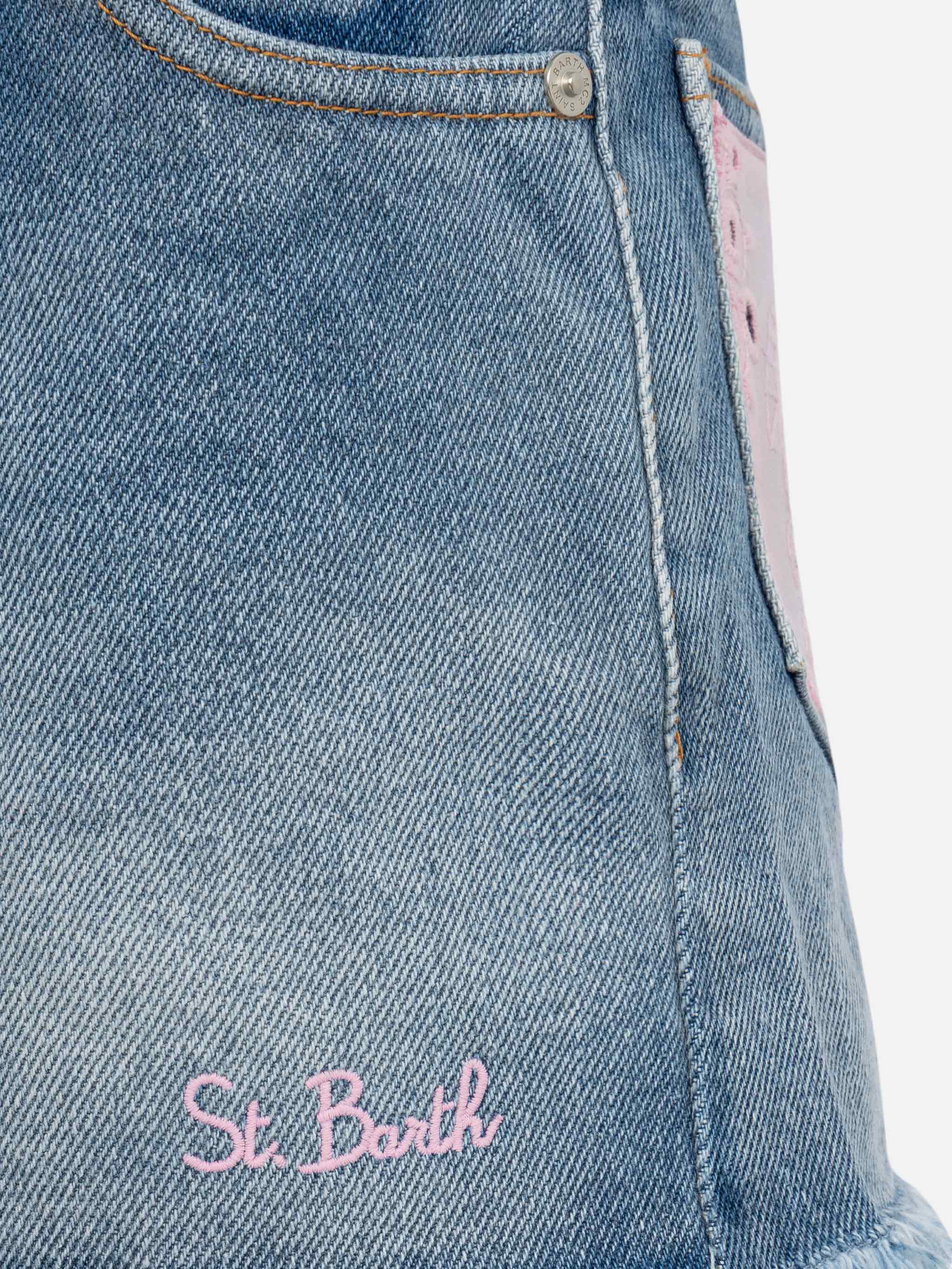 Kiko Jr Denim Shorts With Sangallo Lace And Embroidered Details Blue Pant