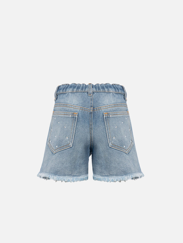 Kiko Jr White Denim Shorts With Rhinestone Embellishments Sky Pant