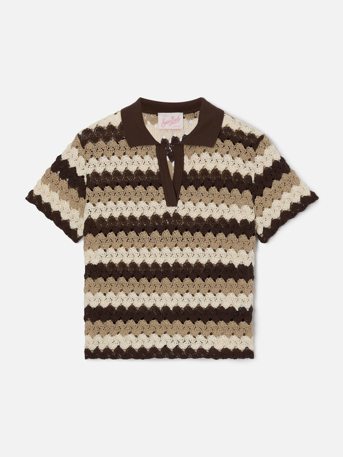 Lala Crochet-Effect Cotton Blend Polo With Striped Pattern Brown Shirt