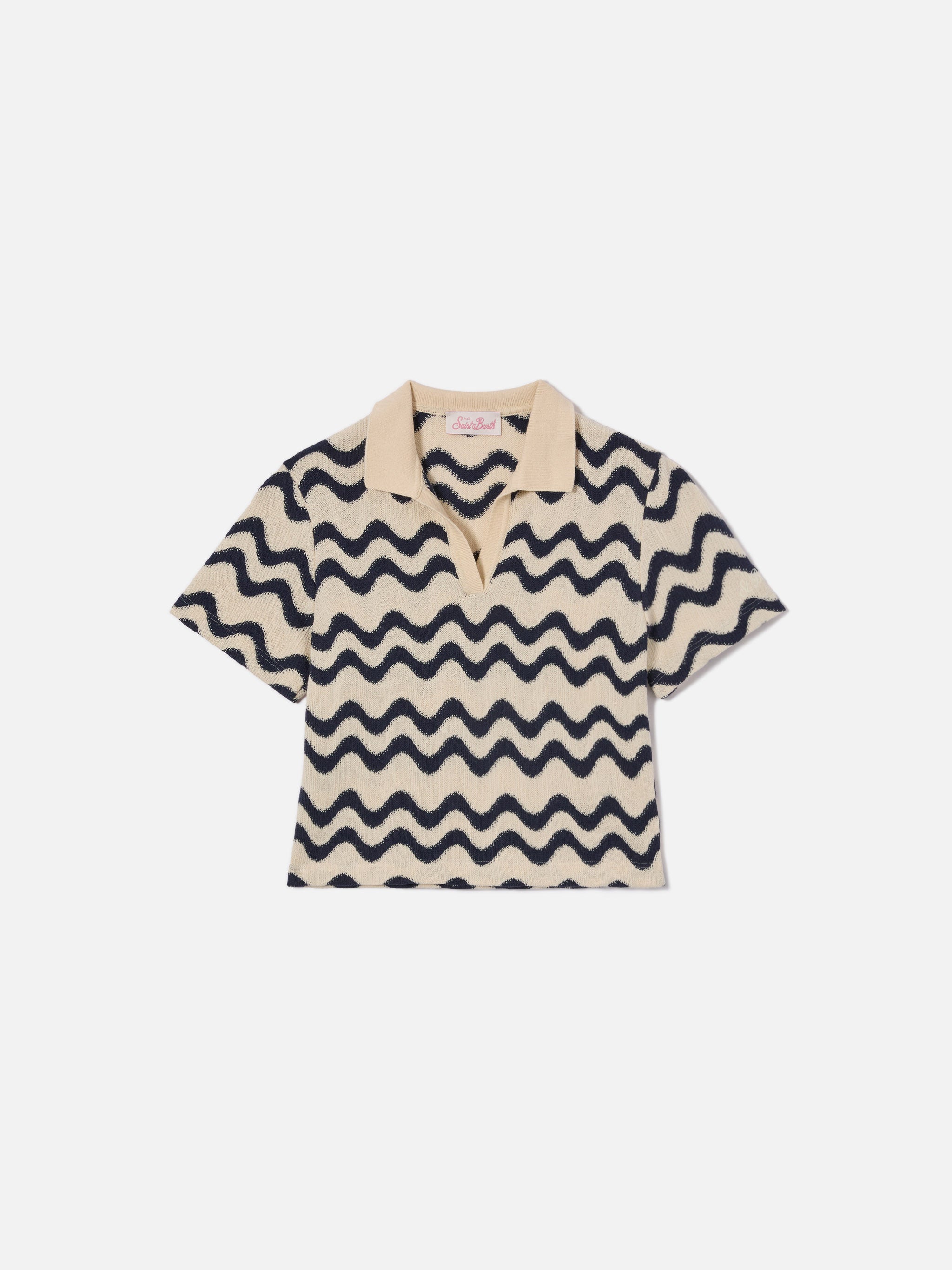 Lala Jr Polo Cotton Blend Knit With Blue And Ivory Wave Pattern Shirt
