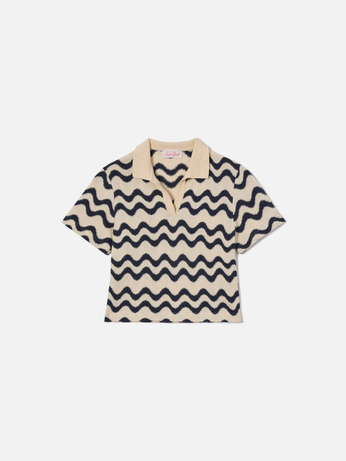 Lala Jr Polo Cotton Blend Knit With Blue And Ivory Wave Pattern Shirt