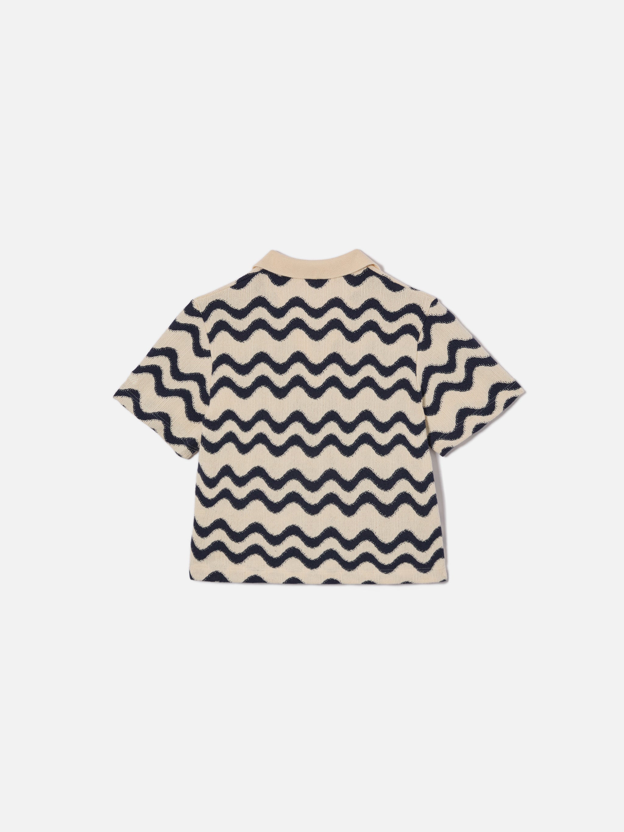 Lala Jr Polo Cotton Blend Knit With Blue And Ivory Wave Pattern Shirt