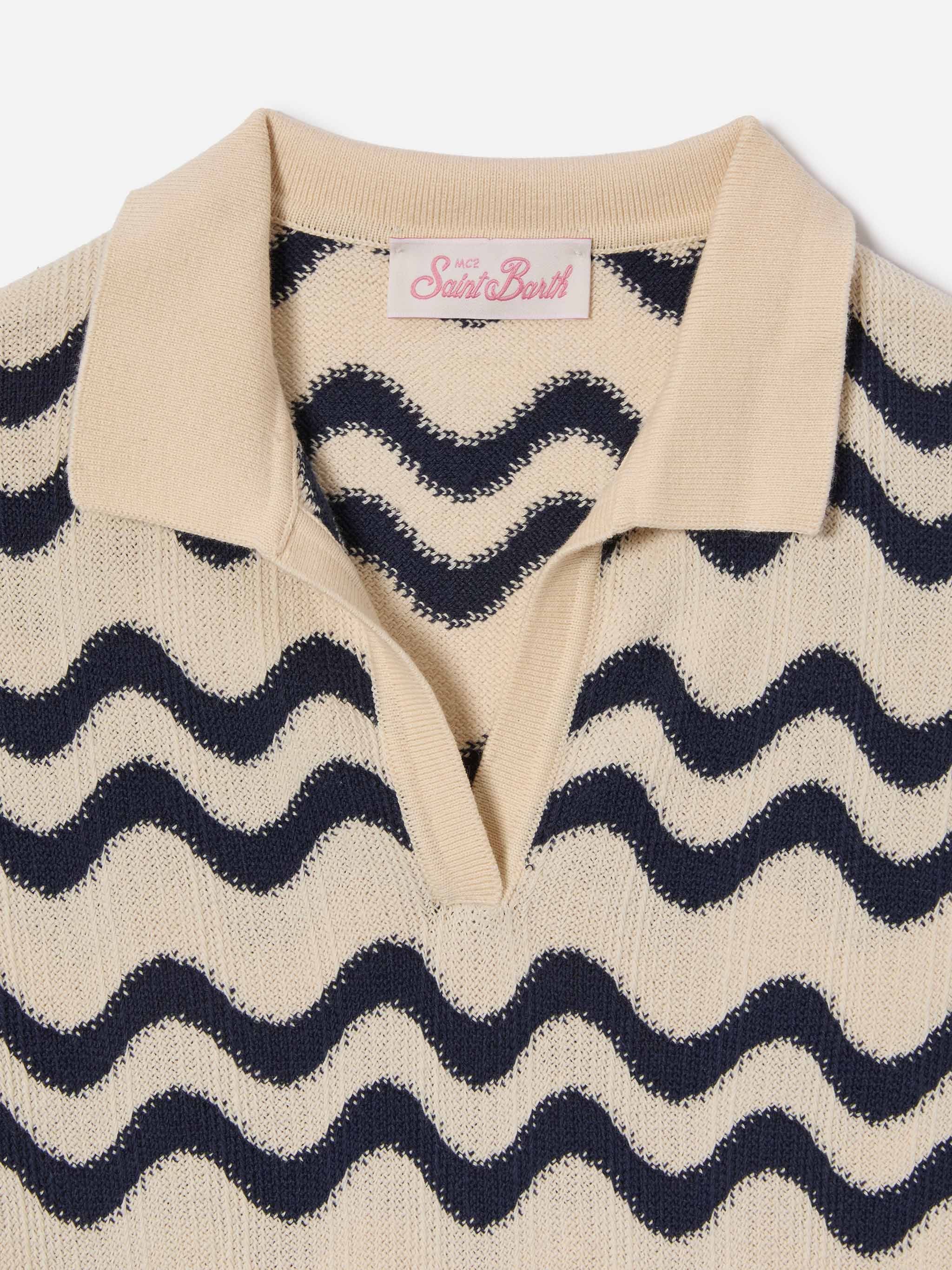 Lala Jr Polo Cotton Blend Knit With Blue And Ivory Wave Pattern Shirt