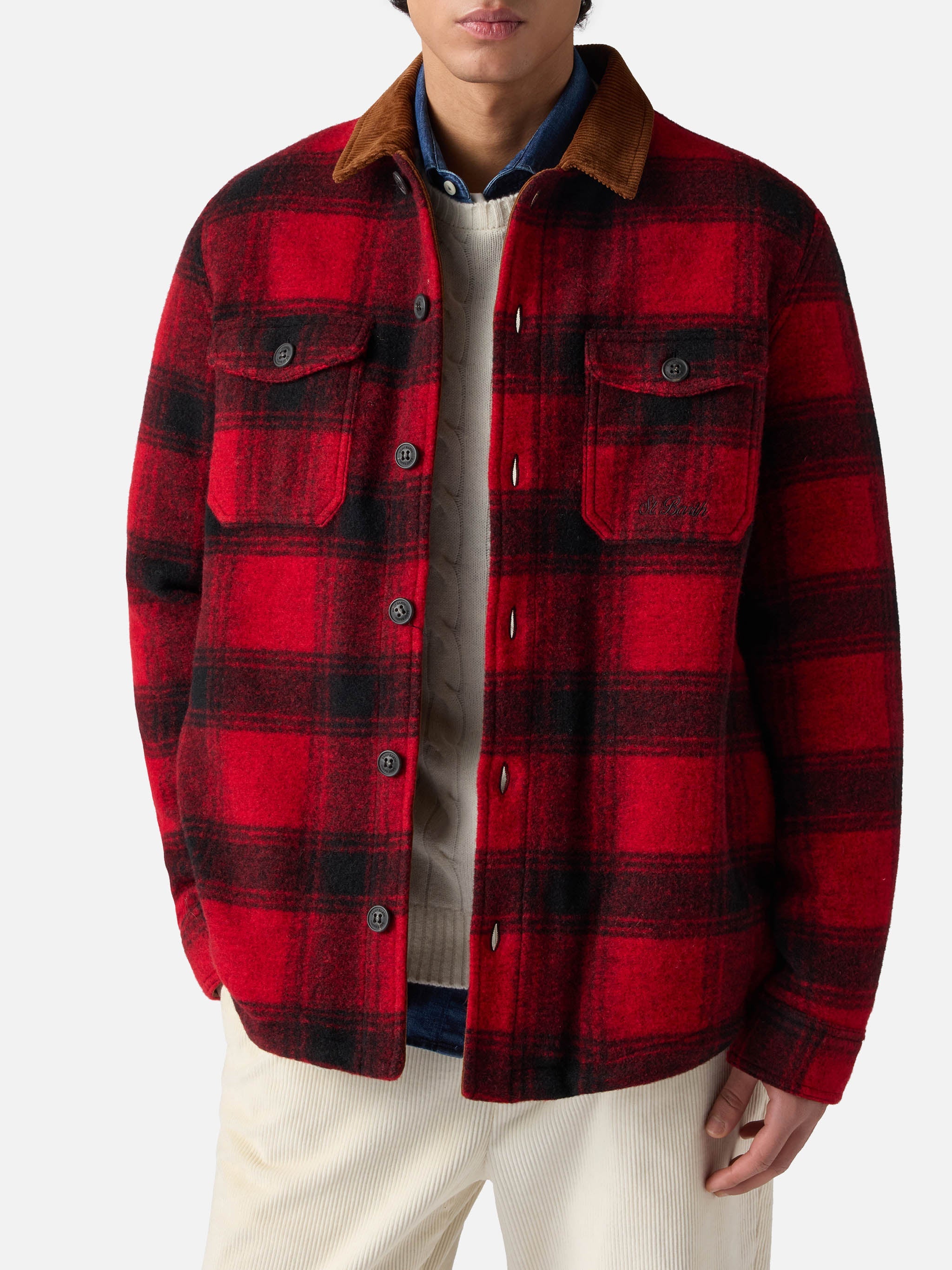 Man Wool Blend Overshirt Landeck With Tartan Print Red Jacket