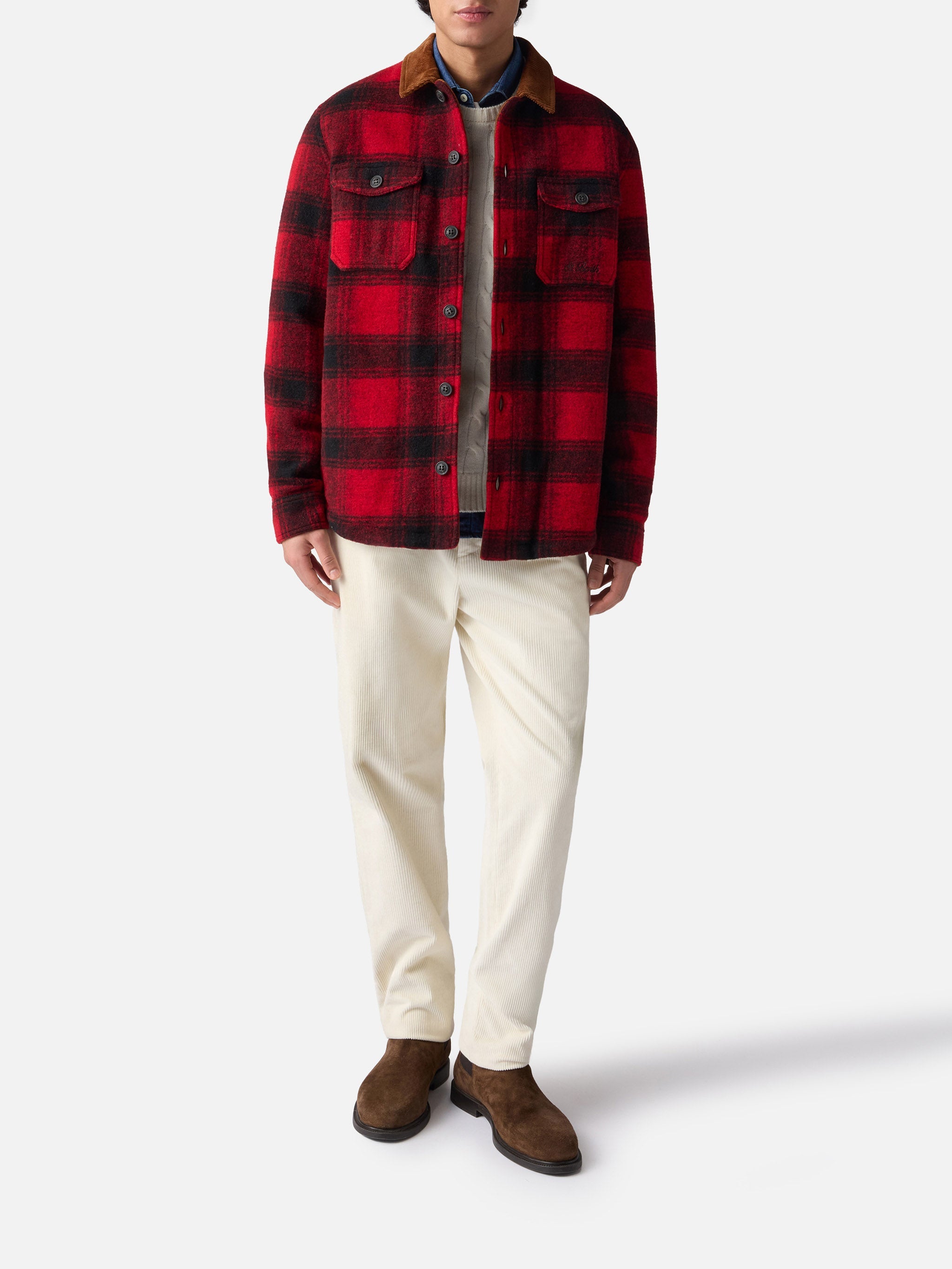 Man Wool Blend Overshirt Landeck With Tartan Print Red Jacket