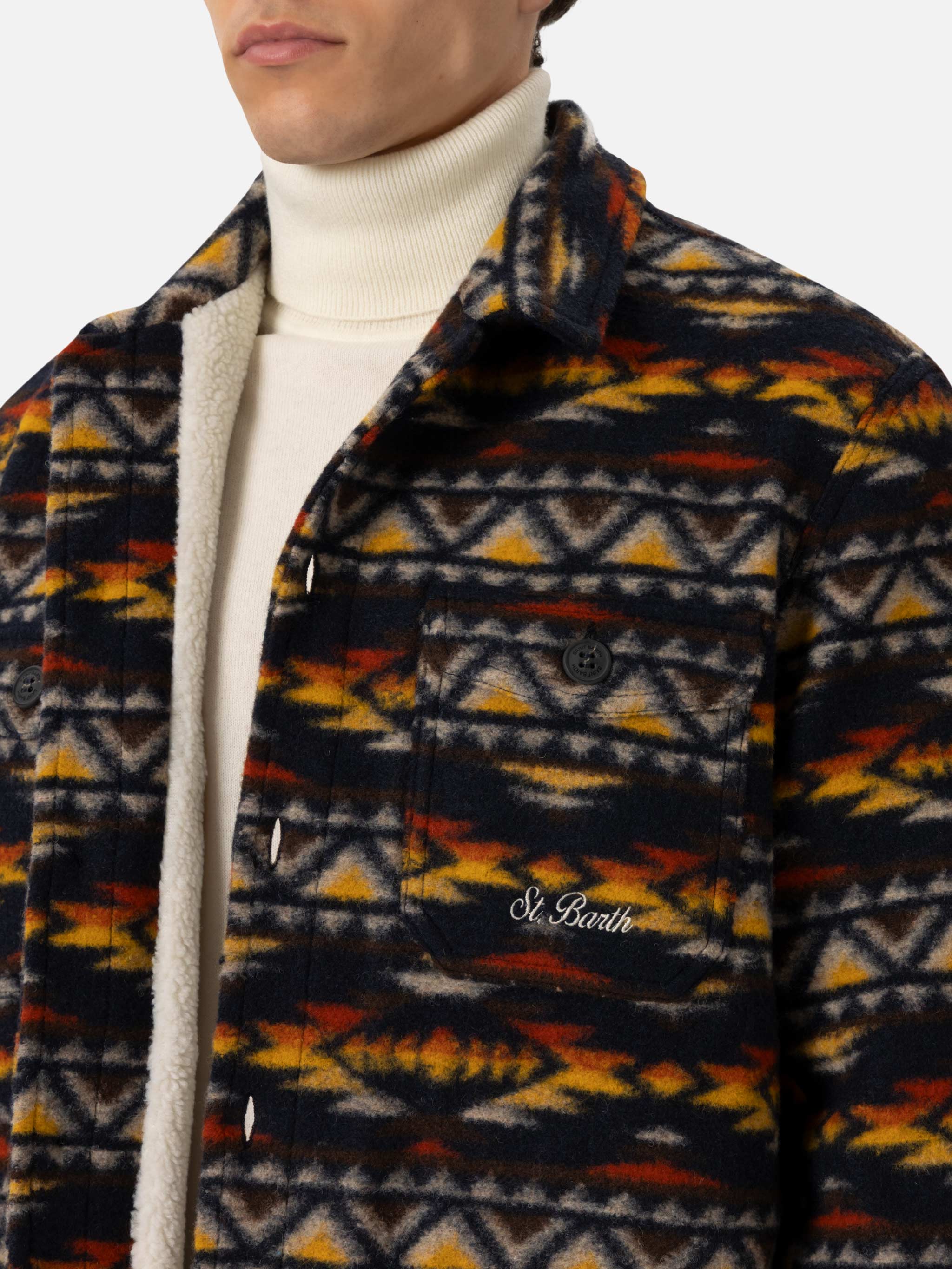 Man Wool Blend Overshirt Landeck With Navajo Plaid Print Blue Jacket