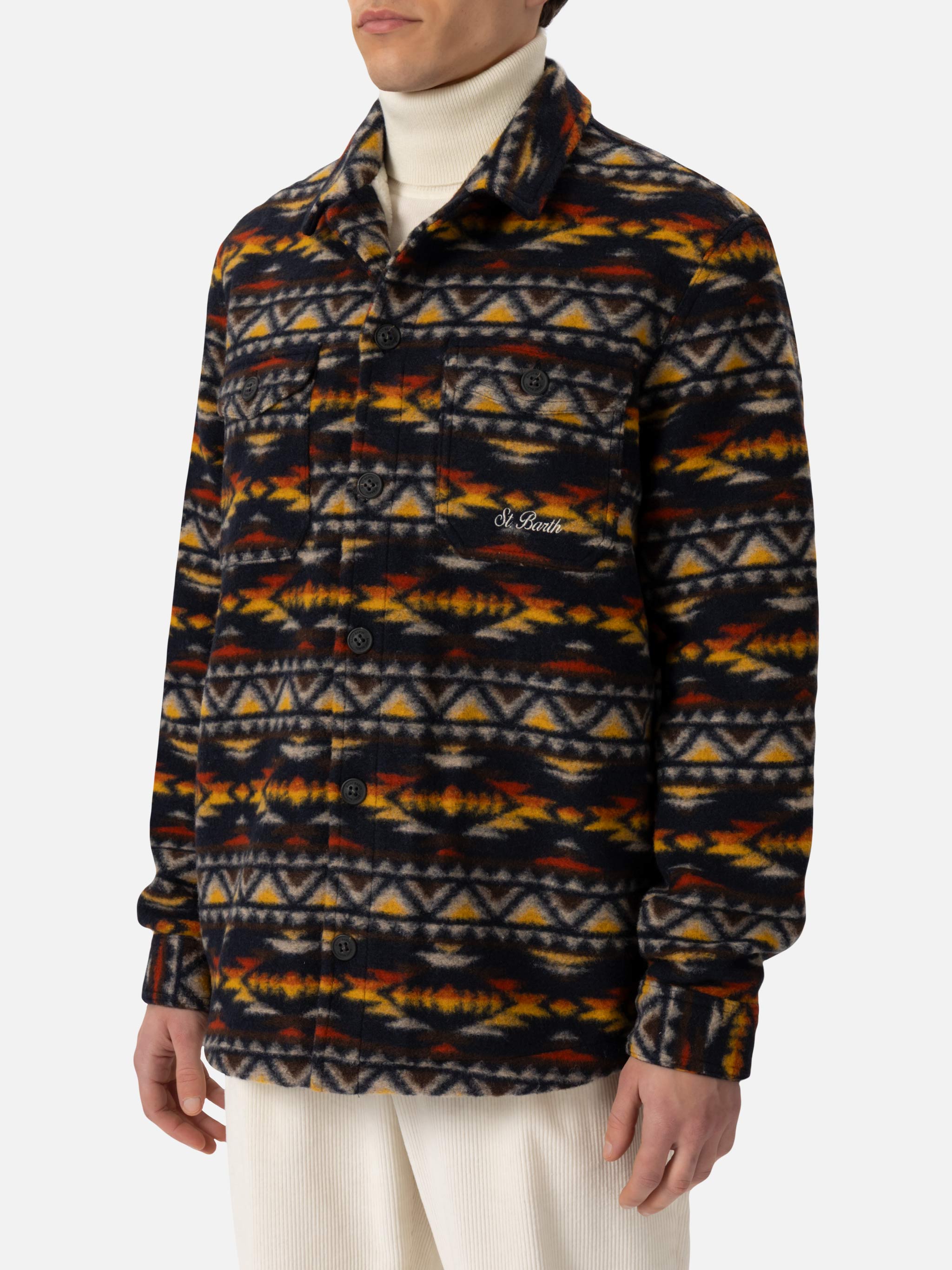 Man Wool Blend Overshirt Landeck With Navajo Plaid Print Blue Jacket