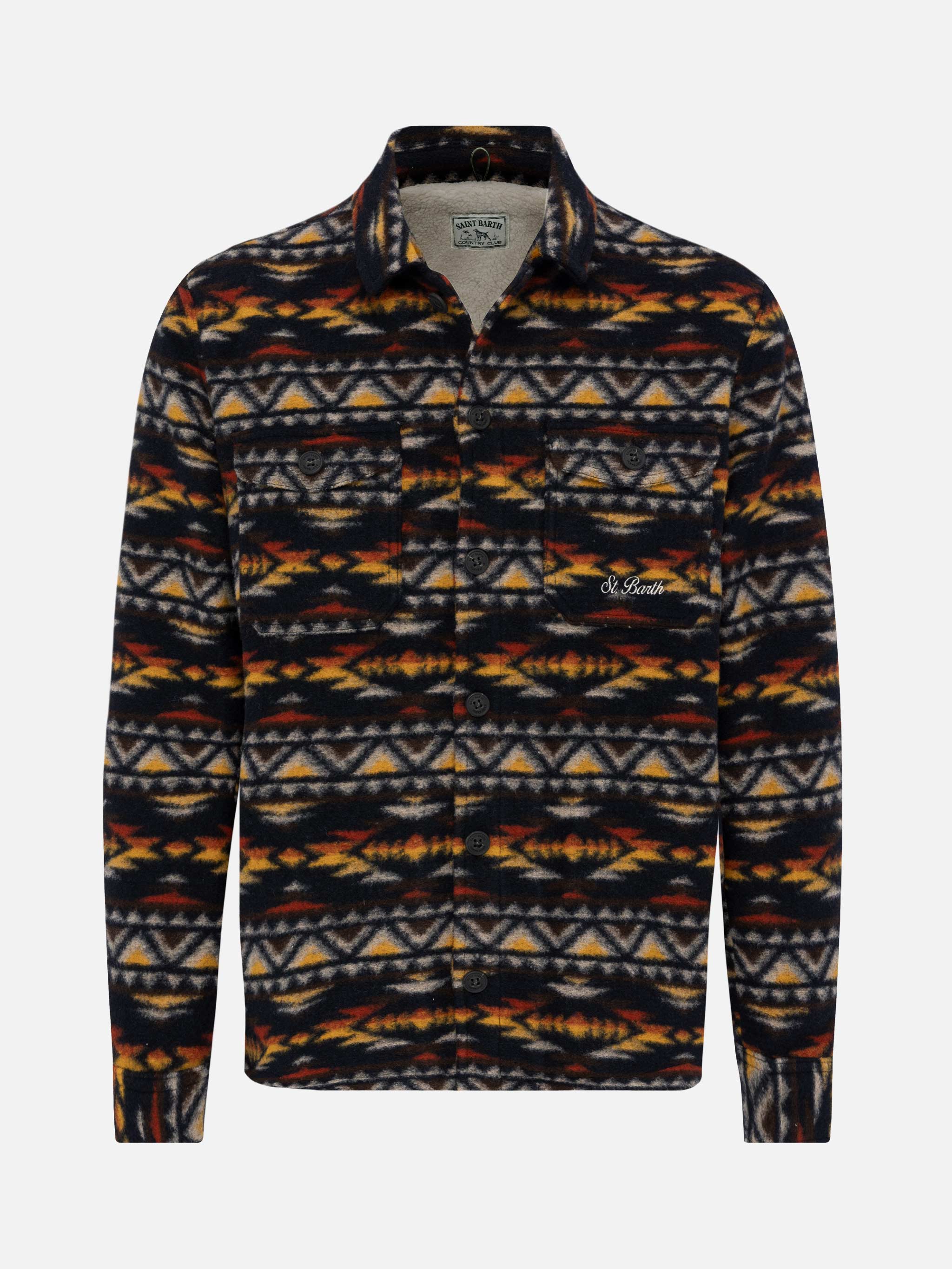 Man Wool Blend Overshirt Landeck With Navajo Plaid Print Blue Jacket