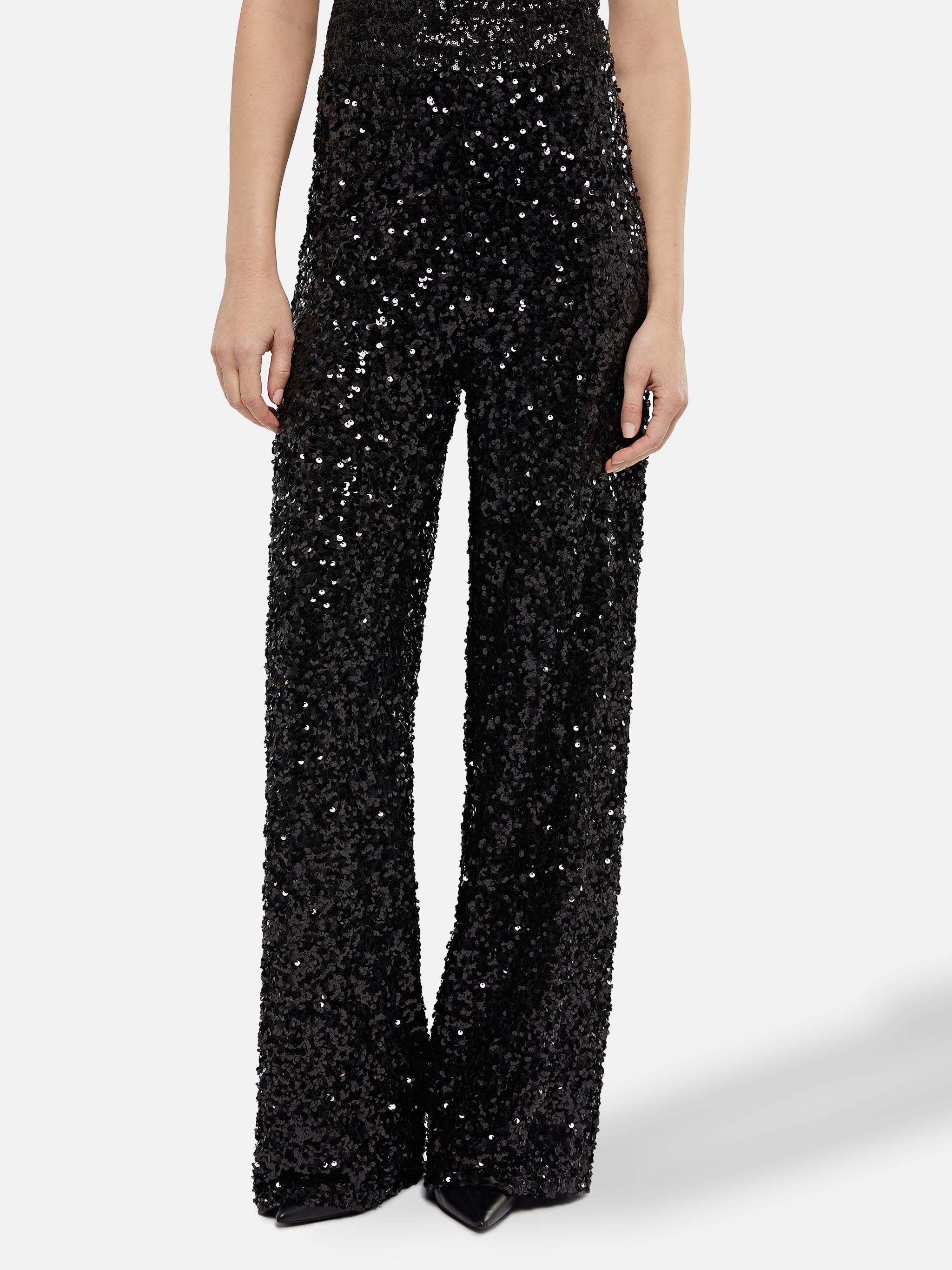 Lucette Black Sequin Wide-Leg Pants