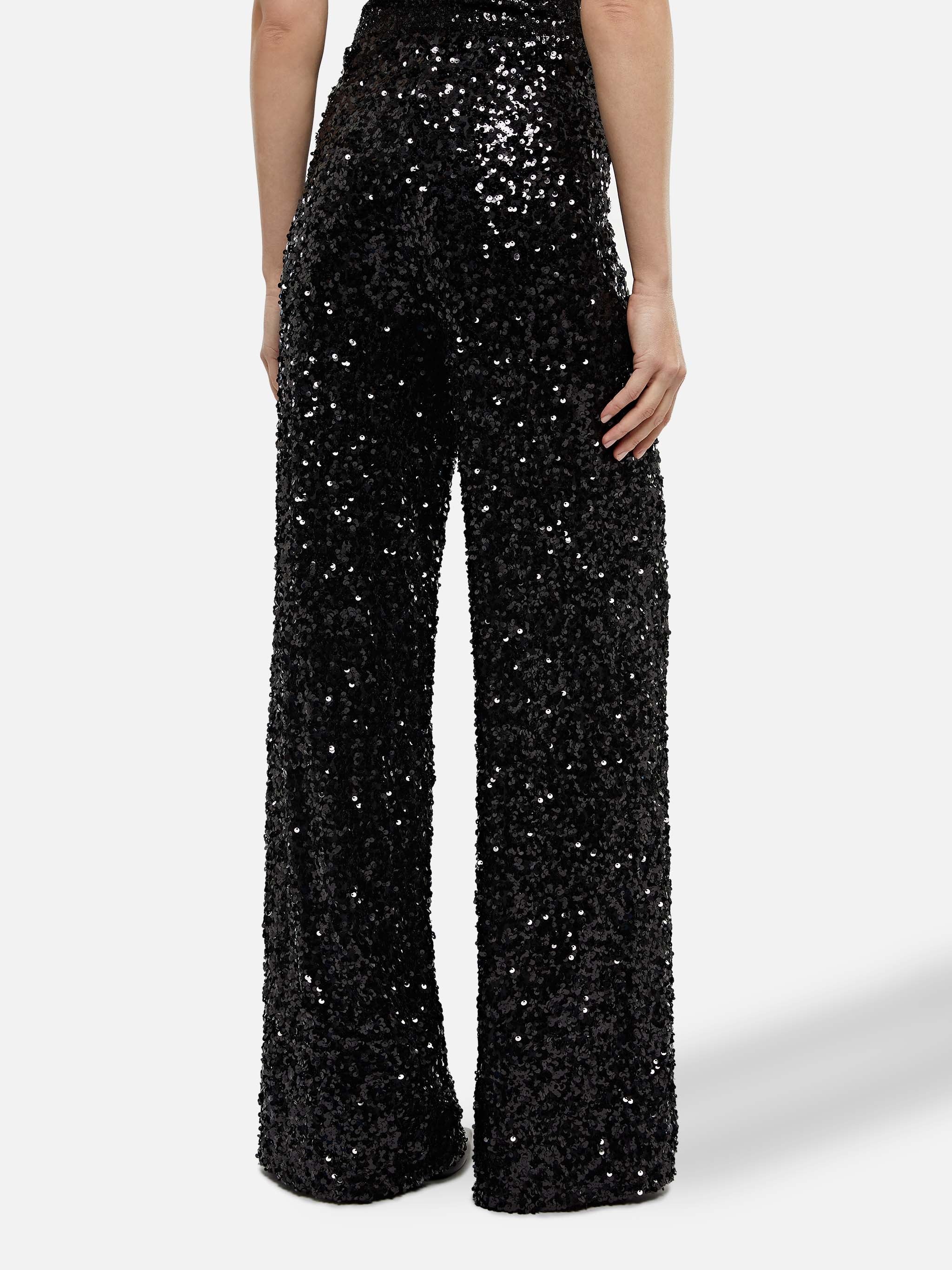 Lucette Black Sequin Wide-Leg Pants